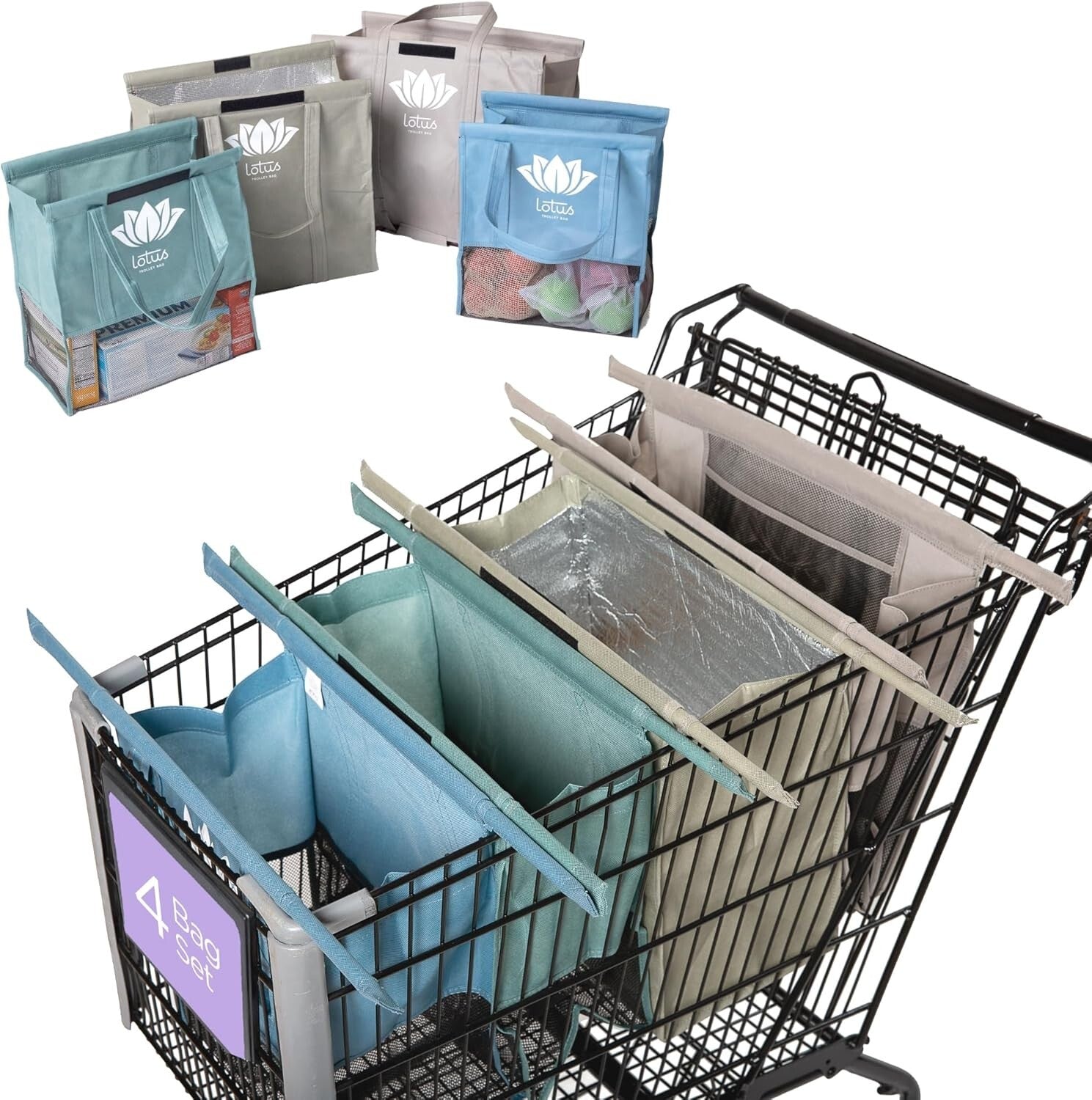 Set of 4 Reusable Grocery Bags with Insulated Cooler & Egg Holder – Earth Tones