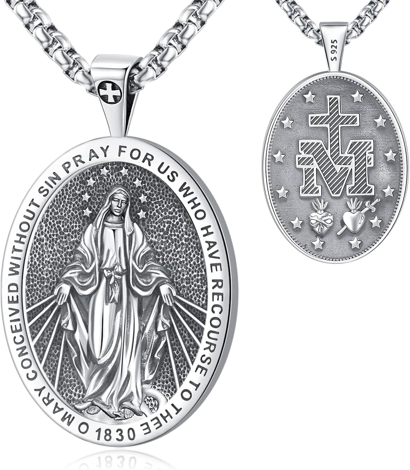 Two-Sided Miraculous Medal Pendant - Elegant Sterling Silver for Men & Women