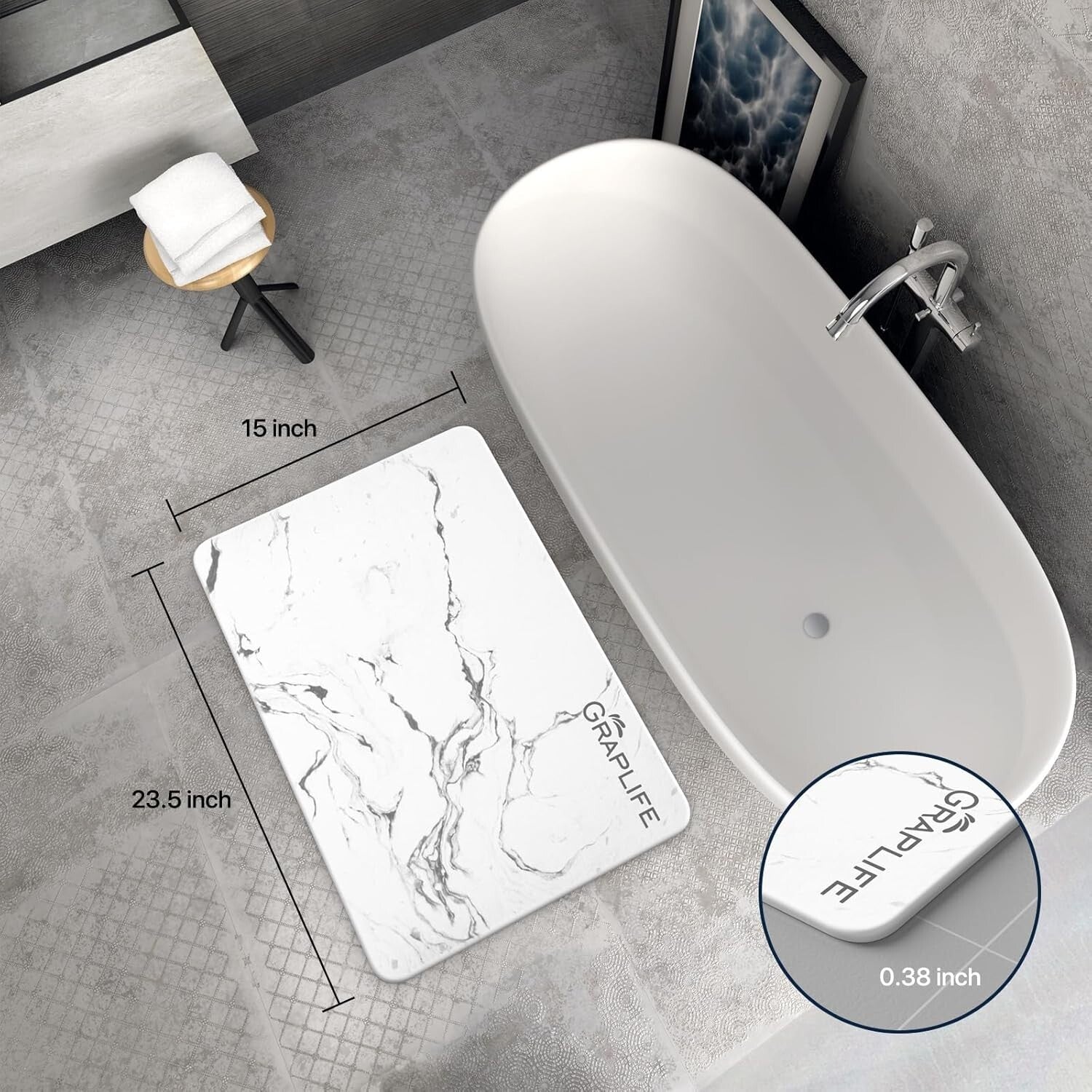 Versatile Diatomaceous Earth Shower Mat - Low Maintenance, Quick Dry 23.5x15''