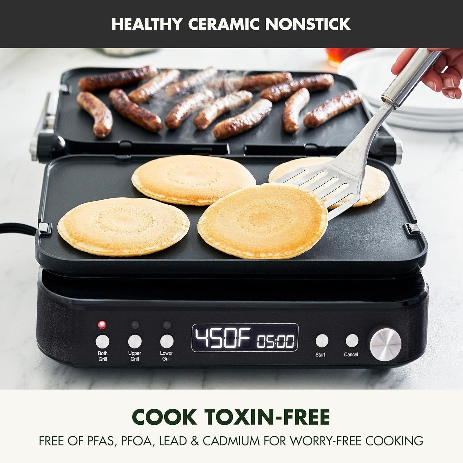Versatile 6-in-1 Contact Grill & Griddle with Reversible Plates and Dual Heat