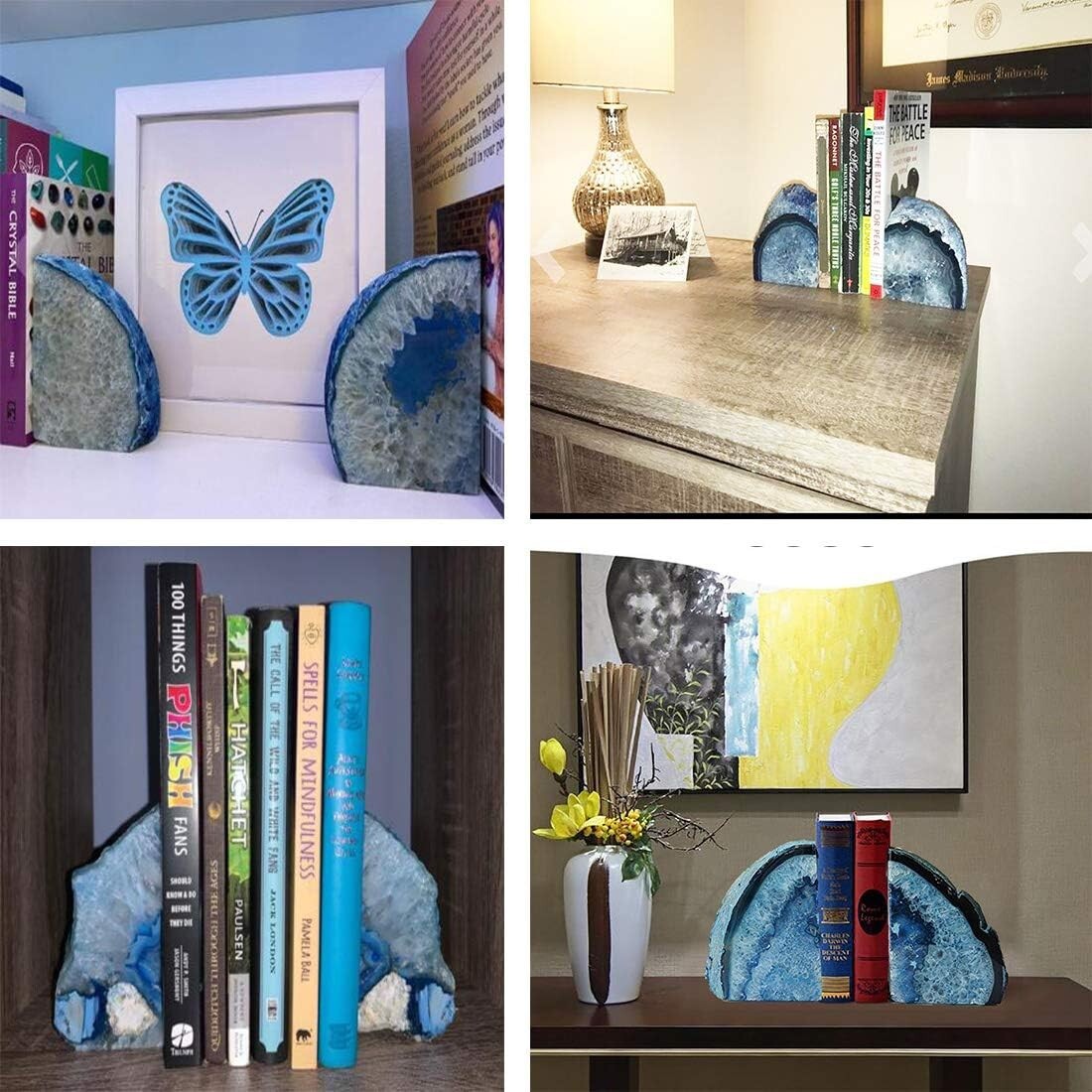 Artistic Blue Agate Bookends - Decorative Crystal Holding Bookends Pair, 3.5 lbs