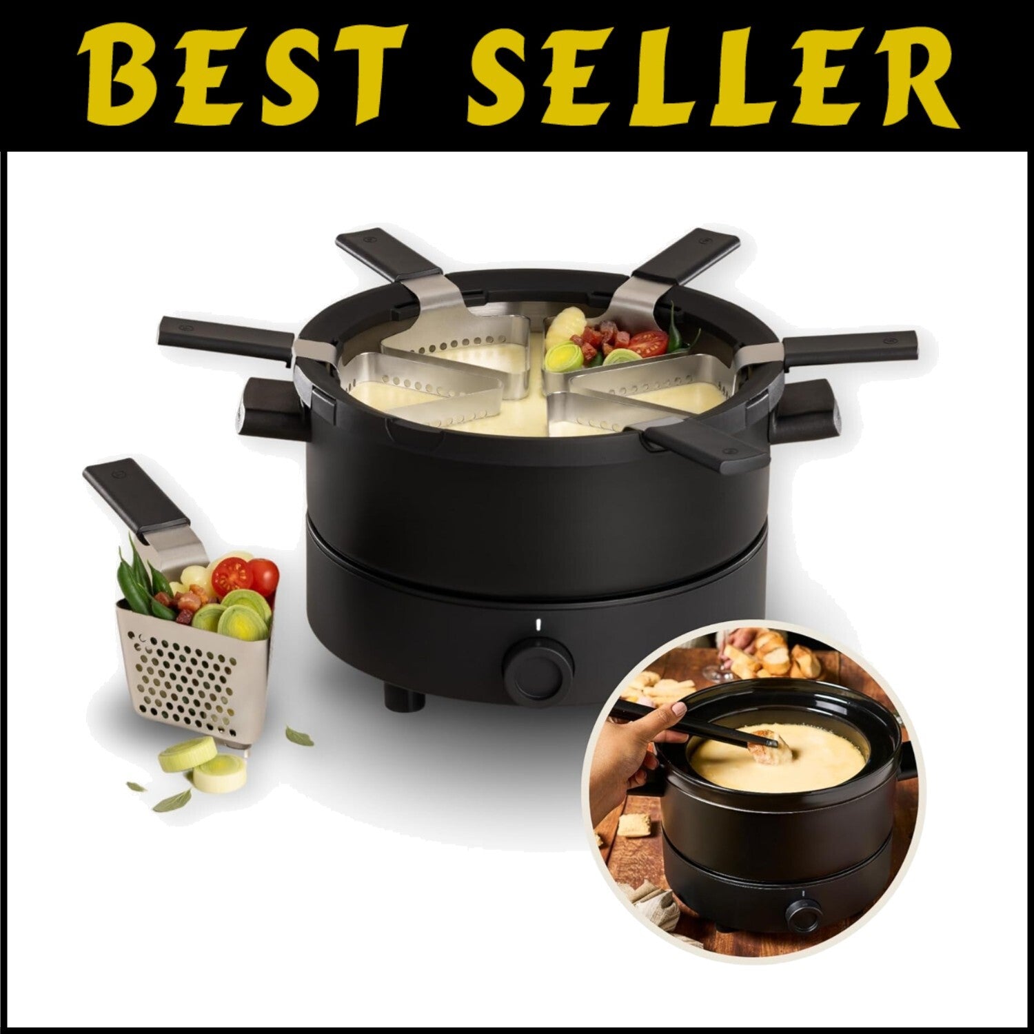 Ceramic Electric Fondue Set for Chocolate, Cheese & Broth - 6 Baskets Included
