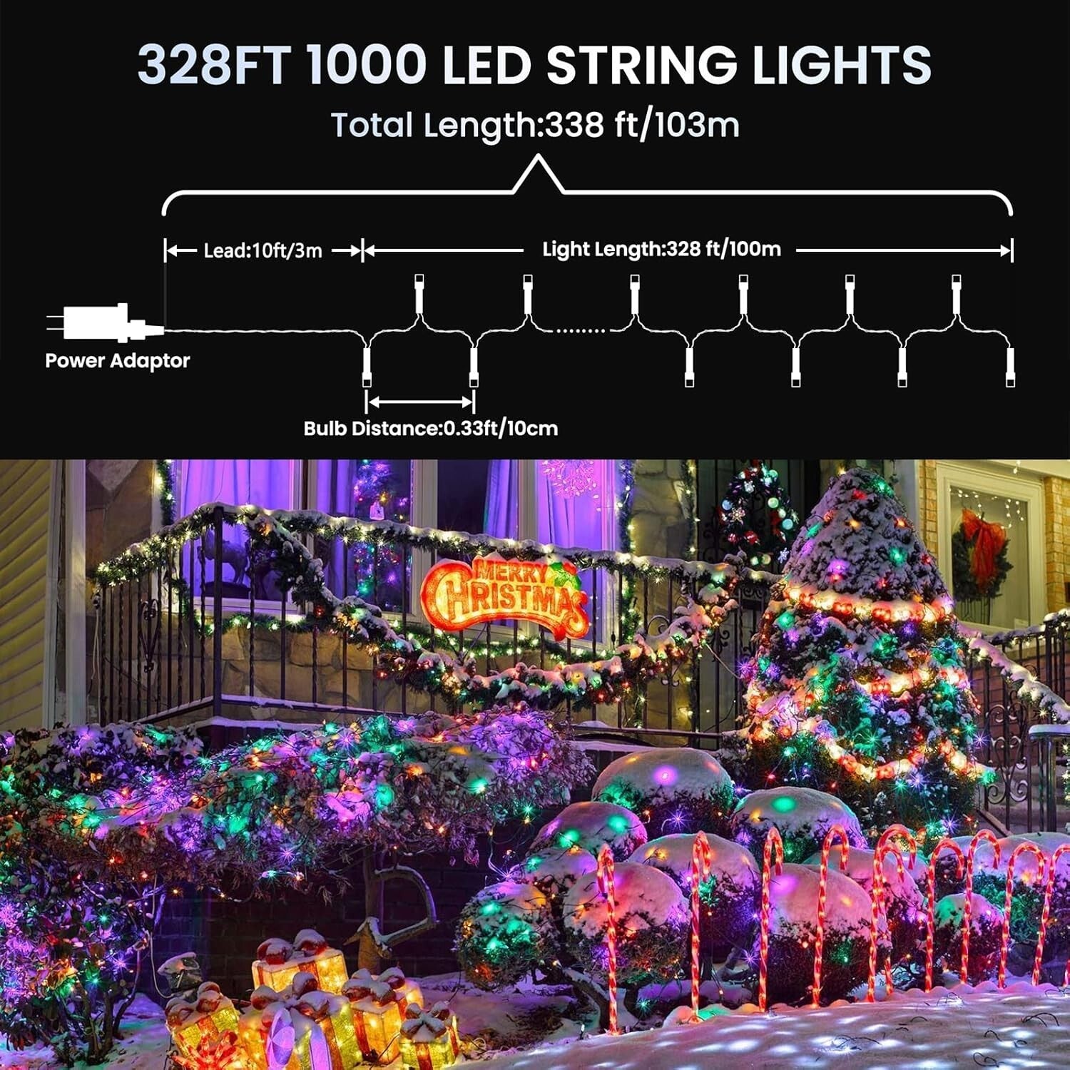 Multicolor Christmas String Lights - 338Ft LED with 8 Modes & Waterproof Design