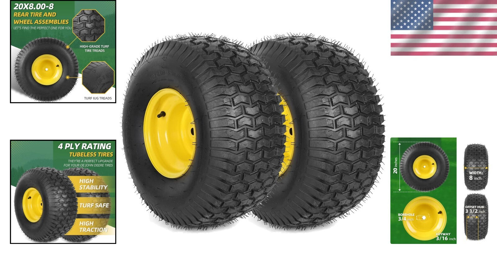 2-Pack 20x8 Tubeless Lawn Mower Rear Tires - Compatible John Deere Replacement