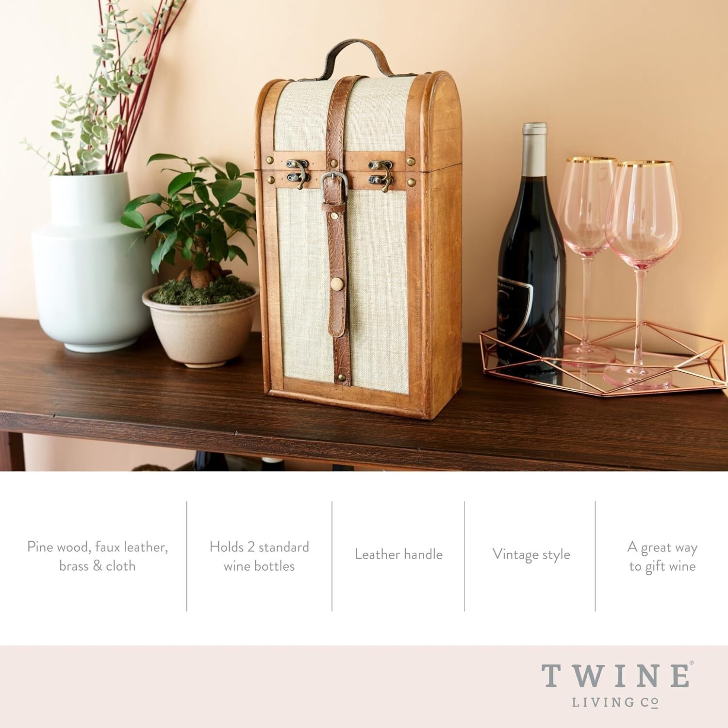 Customizable Vintage Trunk Wine Gift Box with Brass Buckles - Holds 2 Bottles