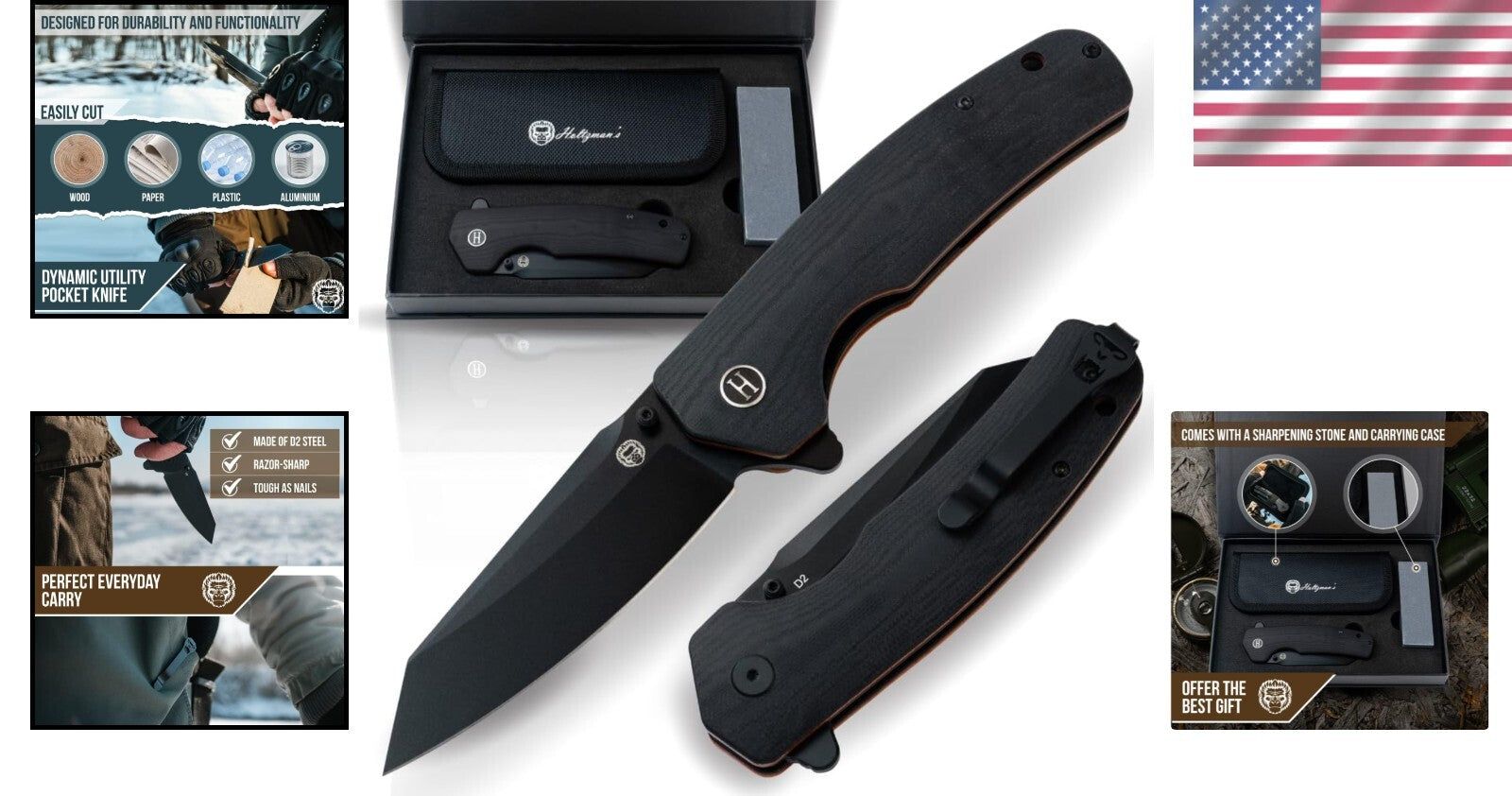 Versatile Black+Orange Tactical Pocket Knife with Gift Box - Perfect for Camping