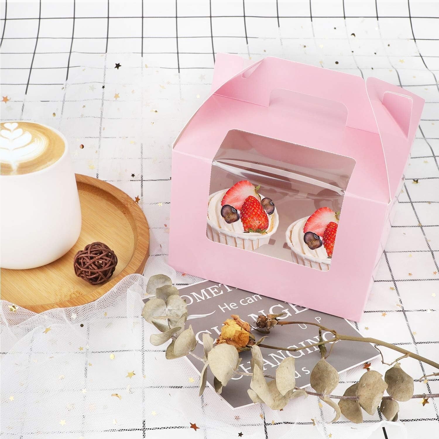 Elegant Pink Cupcake Boxes - 50 Pack with Inserts & Display Window, 5.9" x 5.9"