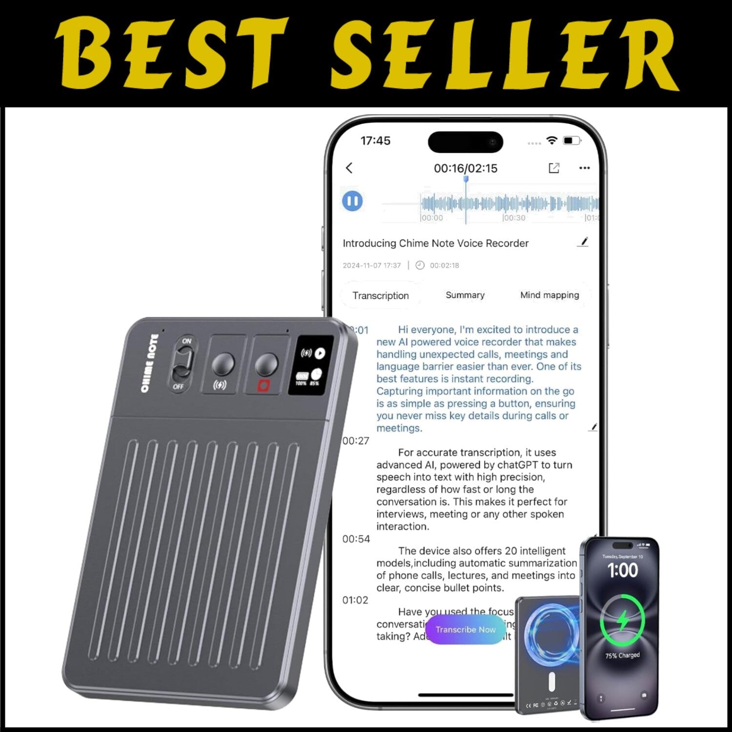 Compact AI Voice Recorder with 80-Hour Battery & App Control - 121 Languages