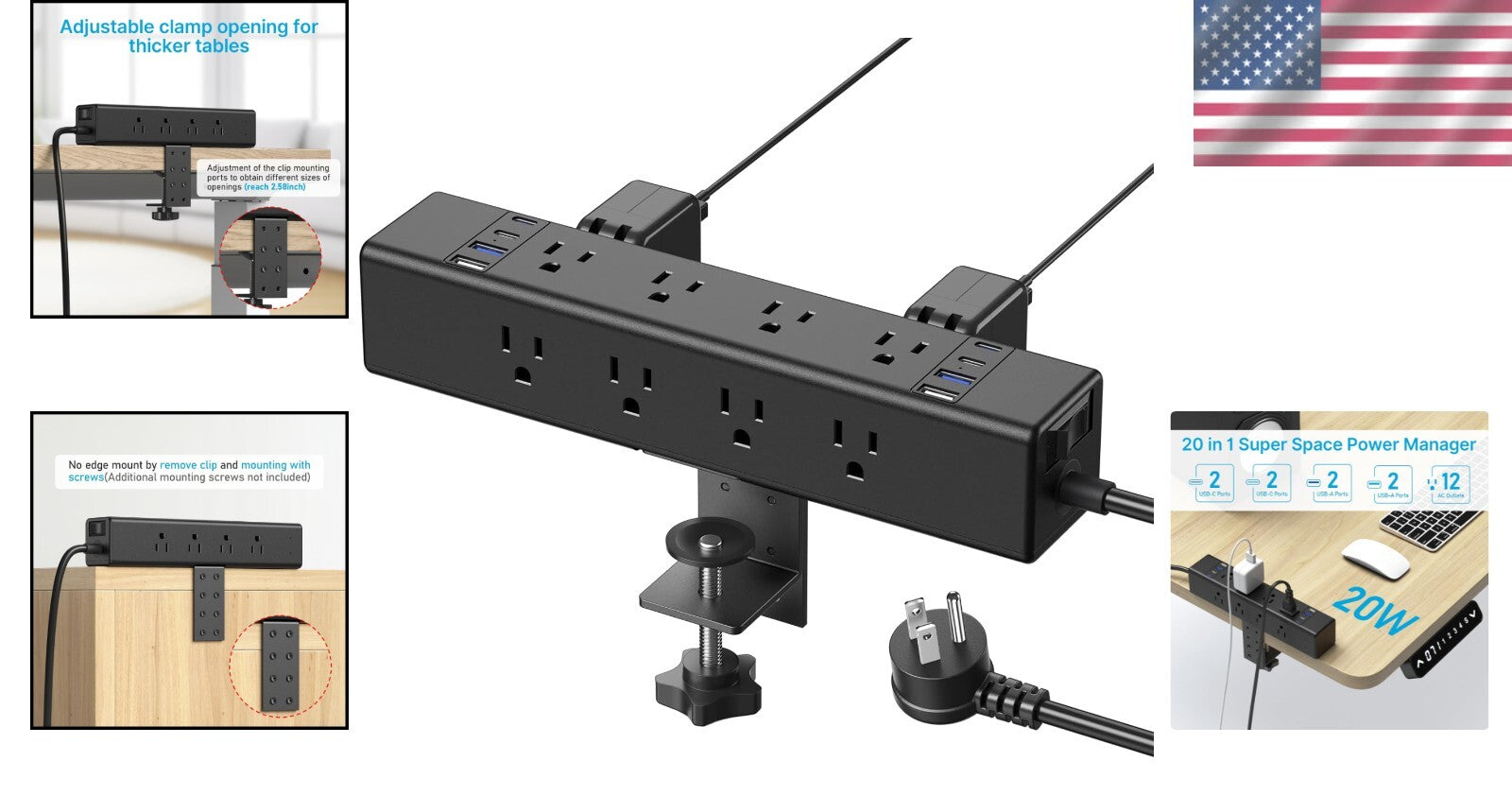 Flexible Desk Outlet Station: 12 USB and AC Ports with Clamp Mount - Black 6FT
