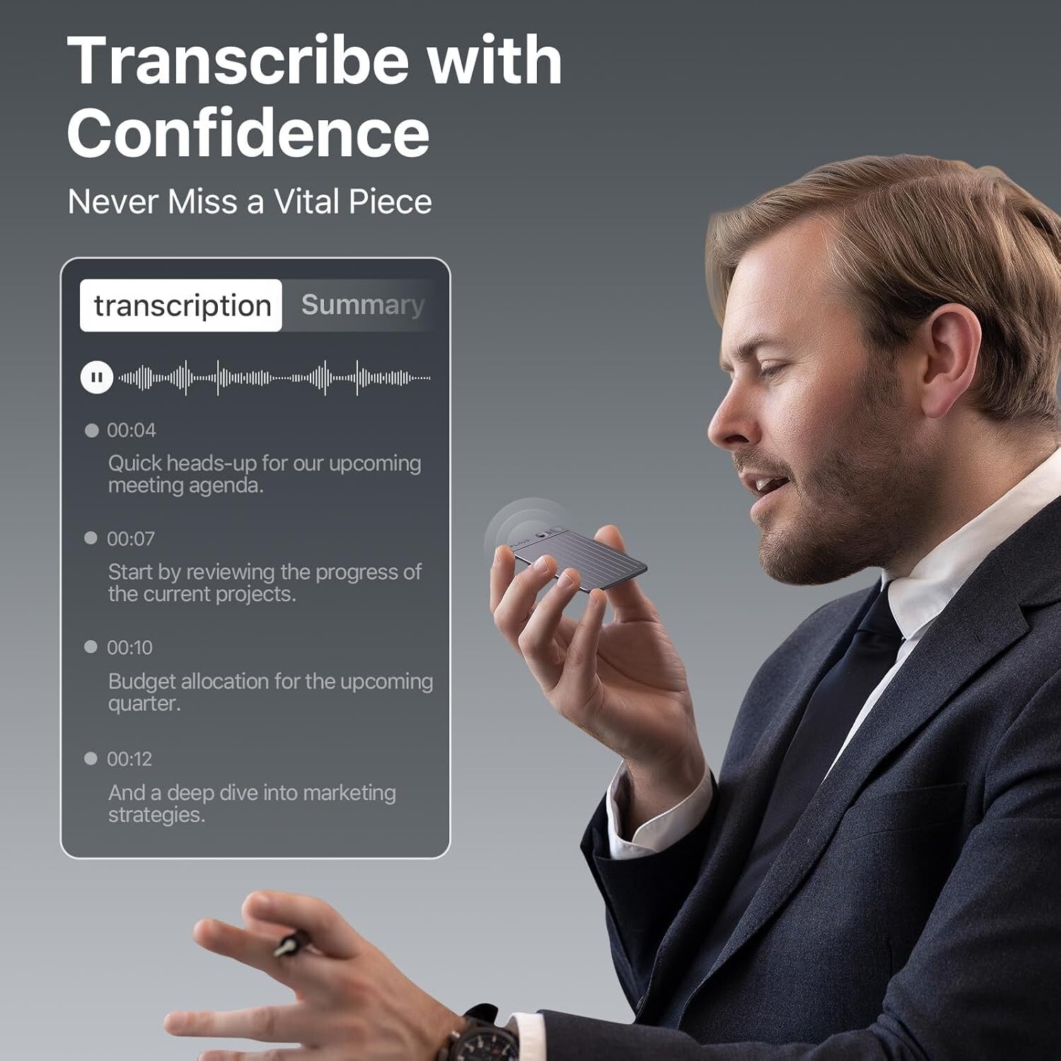 Sleek AI-Powered 64GB Voice Recorder with Transcription & Summarization Features