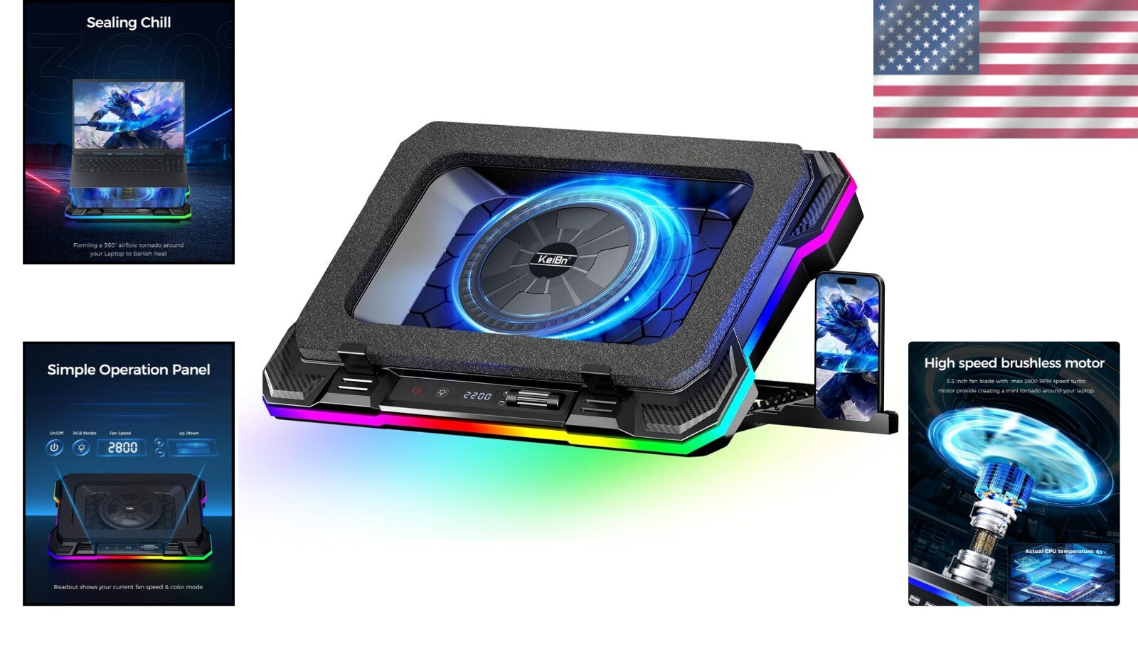 Gaming Laptop Cooling Pad with 5.5-Inch Fan & RGB Lights - Adjustable 8 Heights