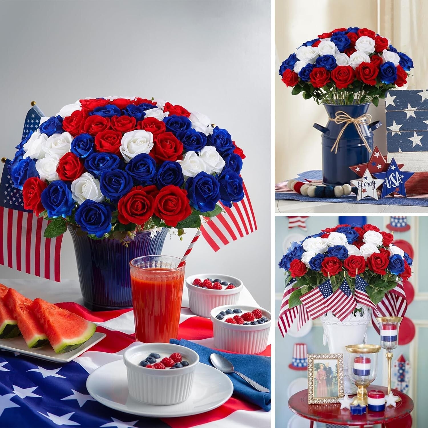 Vibrant Red, White, Blue Faux Roses - Perfect for 4th July Wedding Arrangements