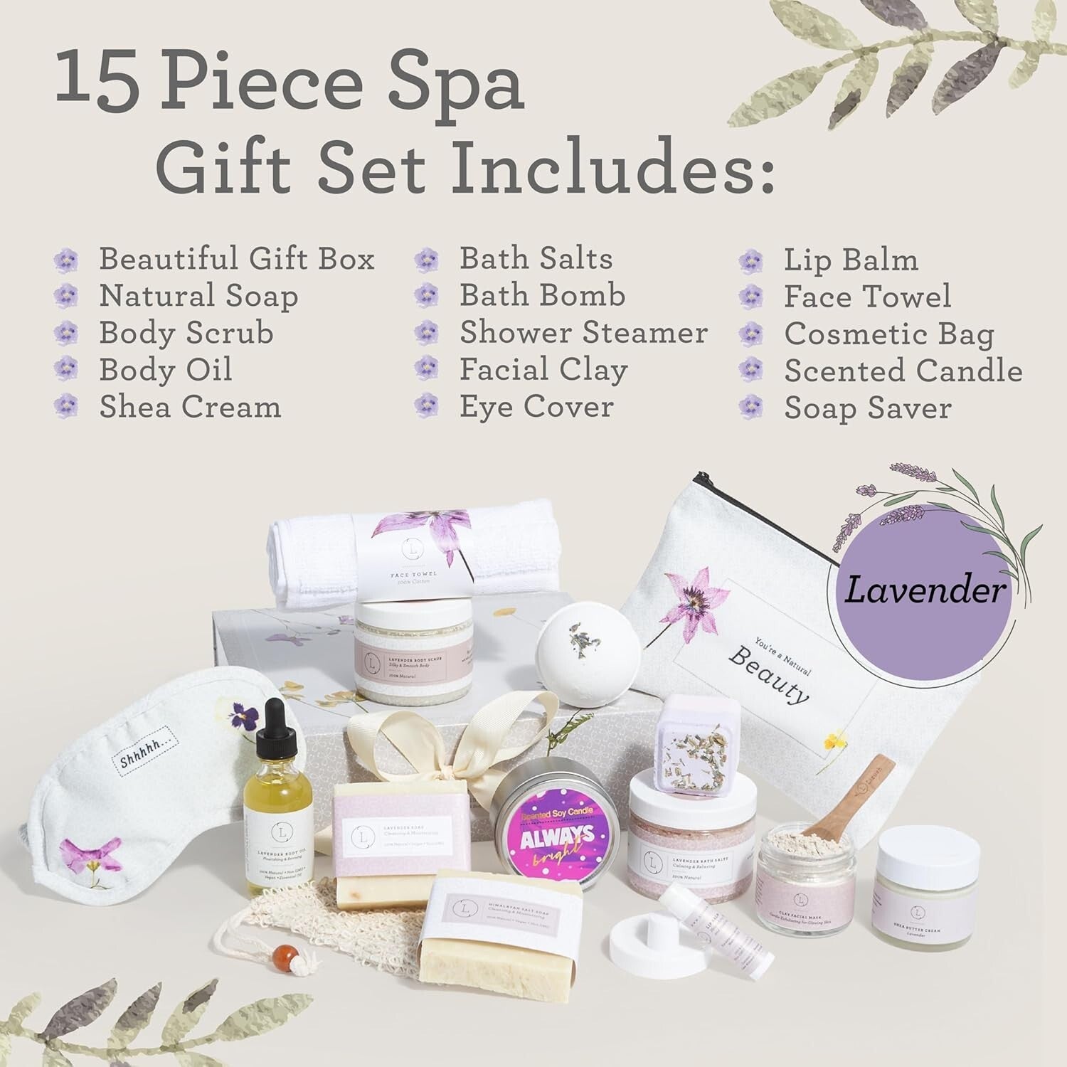 All-Natural 15 Piece Lavender Spa Gift Basket - Luxury Self-Care Essentials