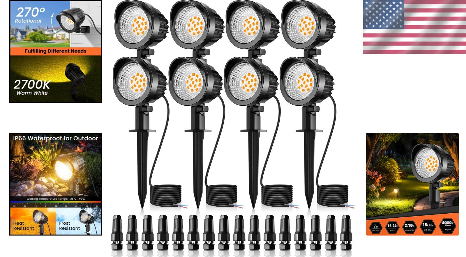 8-Pack Waterproof LED Landscape Lighting 7W 800lm Warm White Outdoor Spotlights