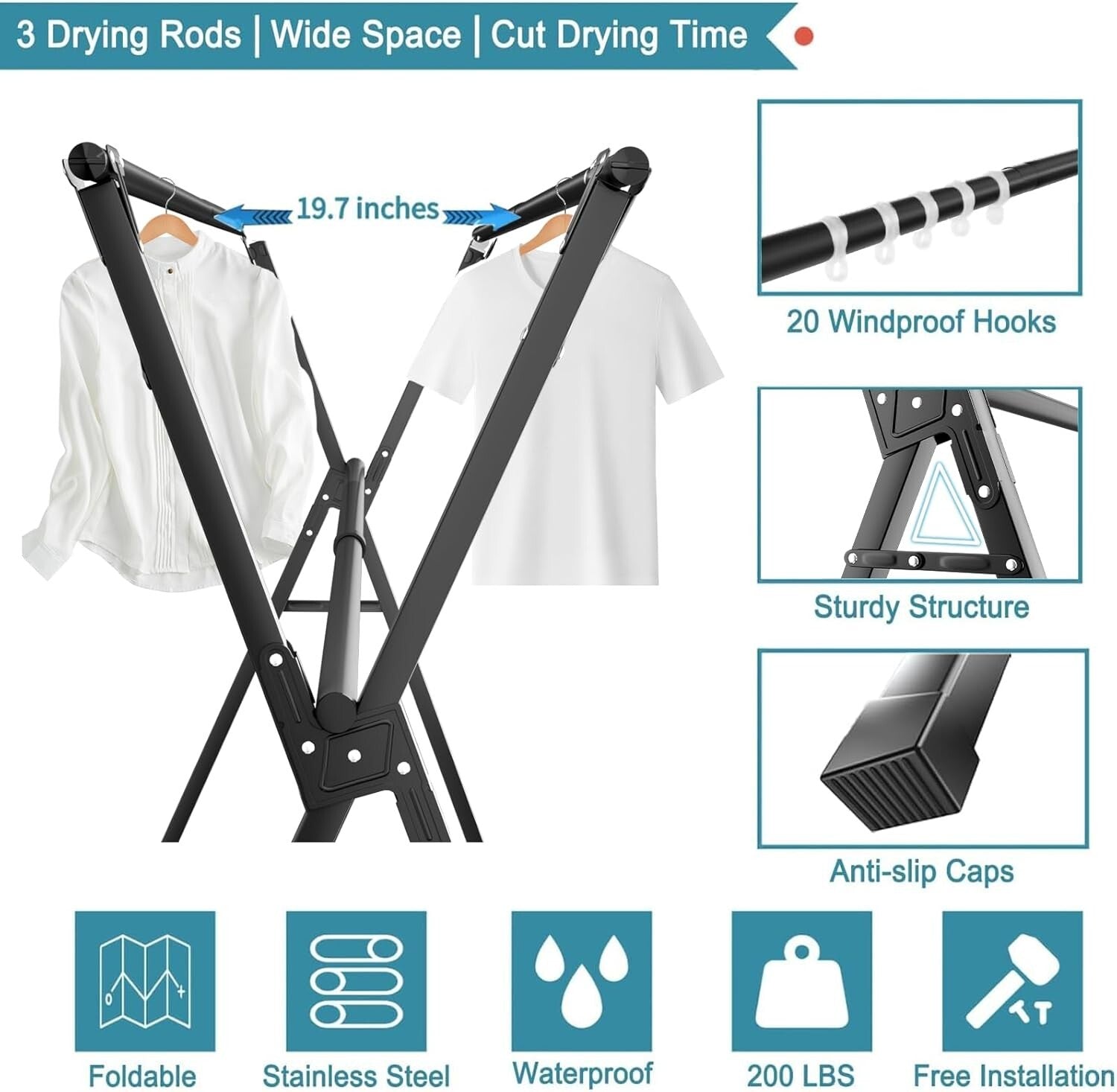 Collapsible Indoor/Outdoor Clothes Drying Rack - 300 lb Capacity & Non-Slip Feet