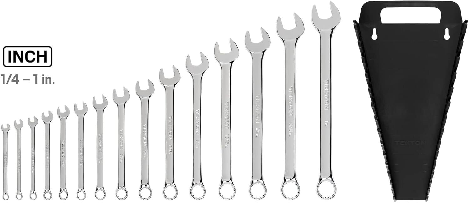 15-Piece Chrome Finish Combination Wrench Set with Holder - Tight Space Access