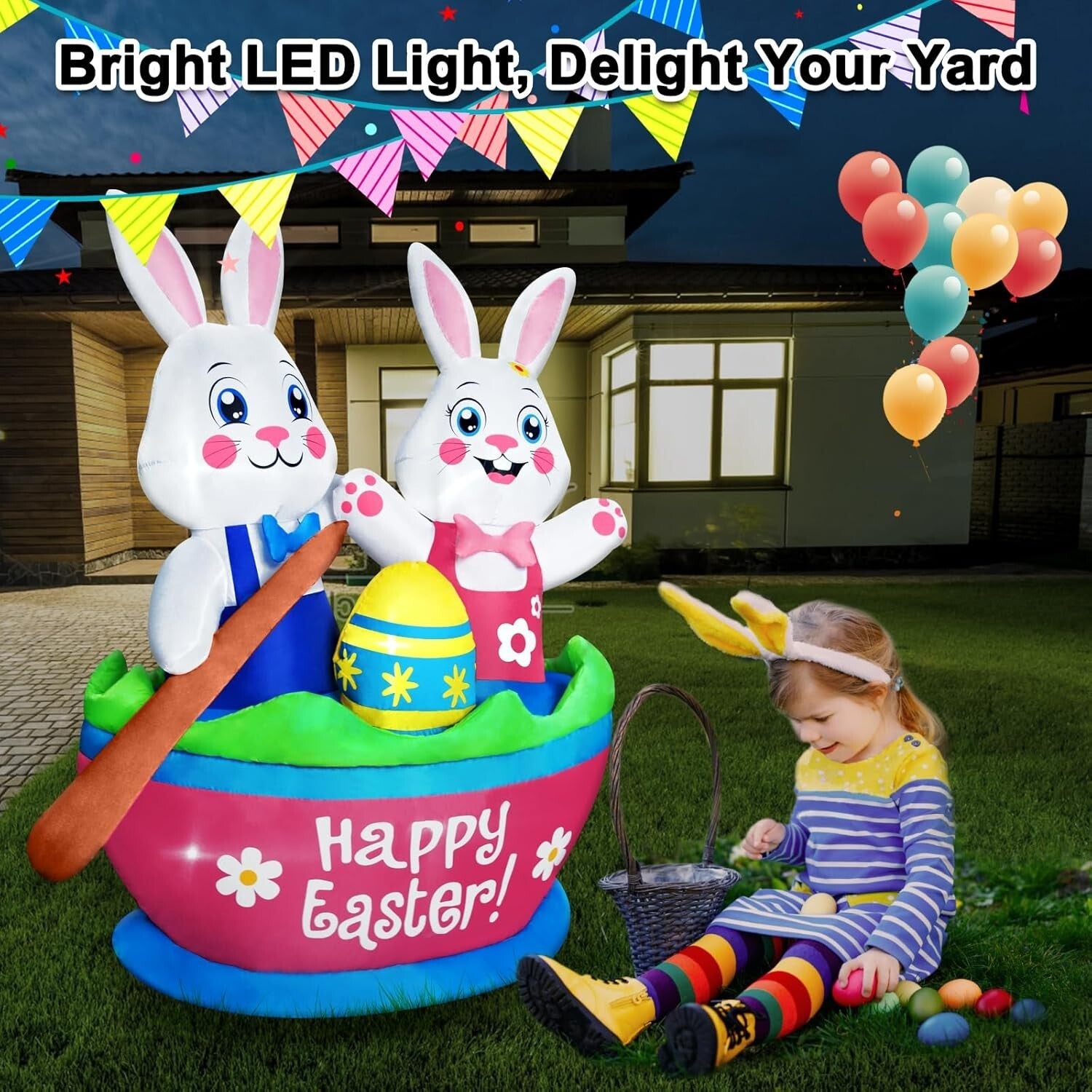 Easy Setup 5FT Easter Bunny Inflatables with LED Lights - Fun Yard Decoration