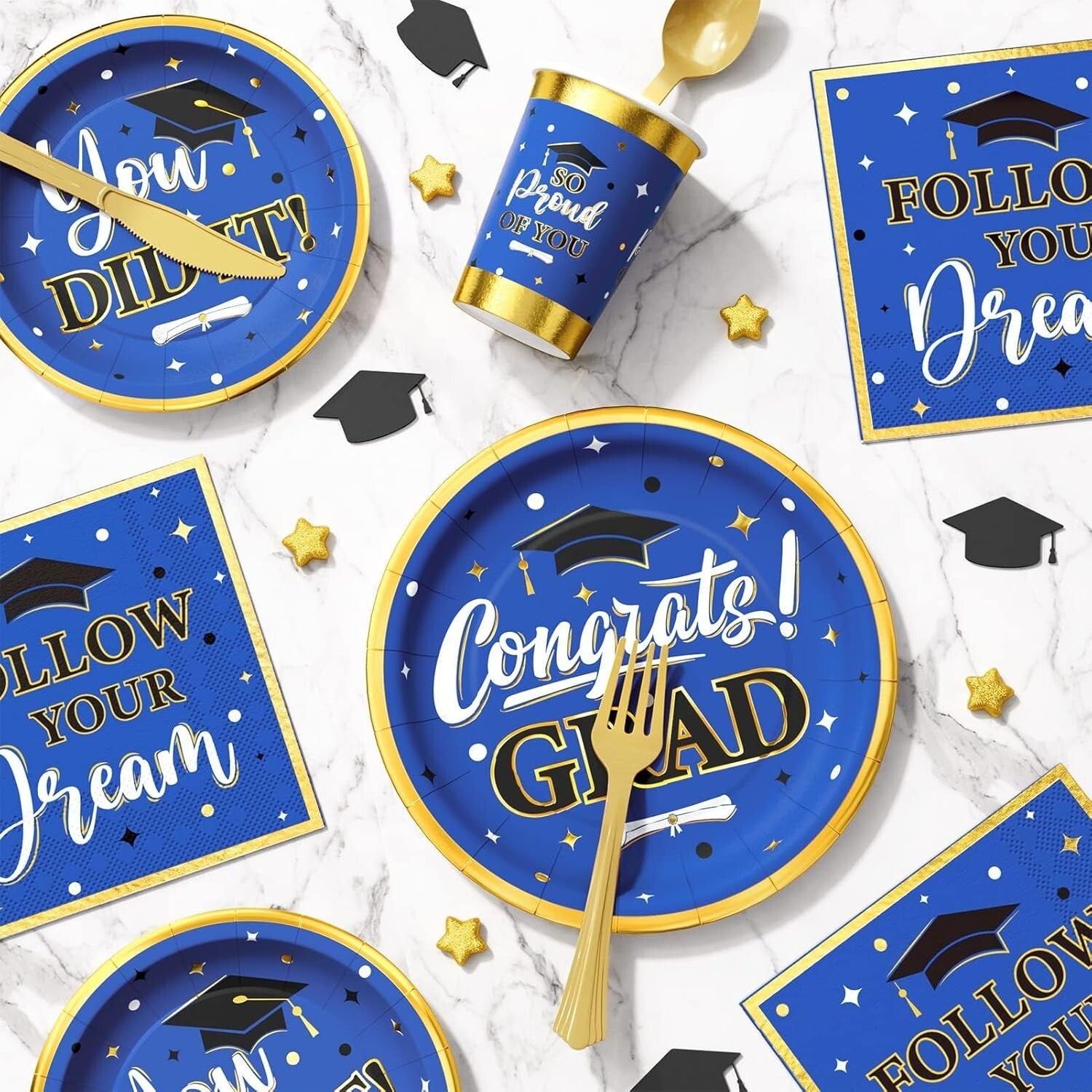 Disposable 350PCS Graduation Decorations - Blue & Gold Dinnerware for 50 Guests