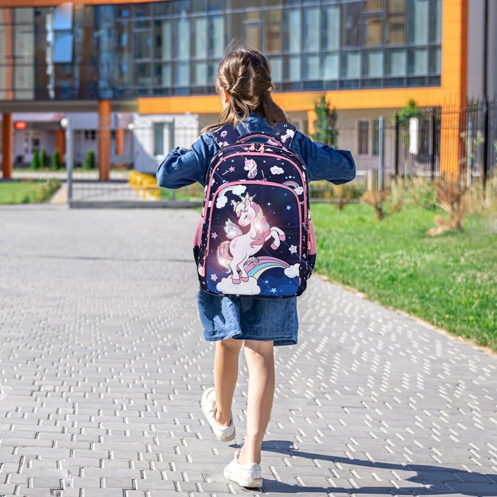 Adjustable Unicorn Backpack for Girls - 3pcs School Set with Insulated Lunch Bag