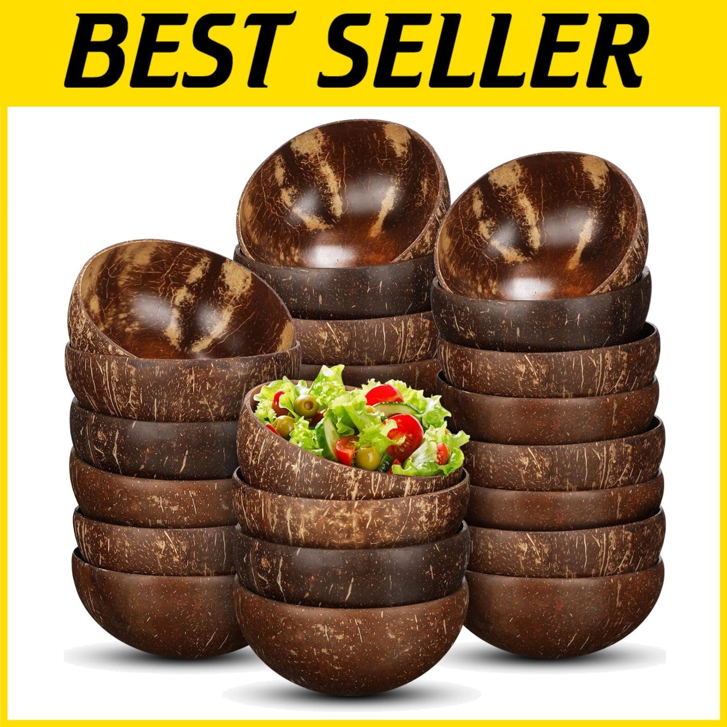 Large 24-Piece Set of Polished Coconut Bowls - Ideal for Salads and Smoothies
