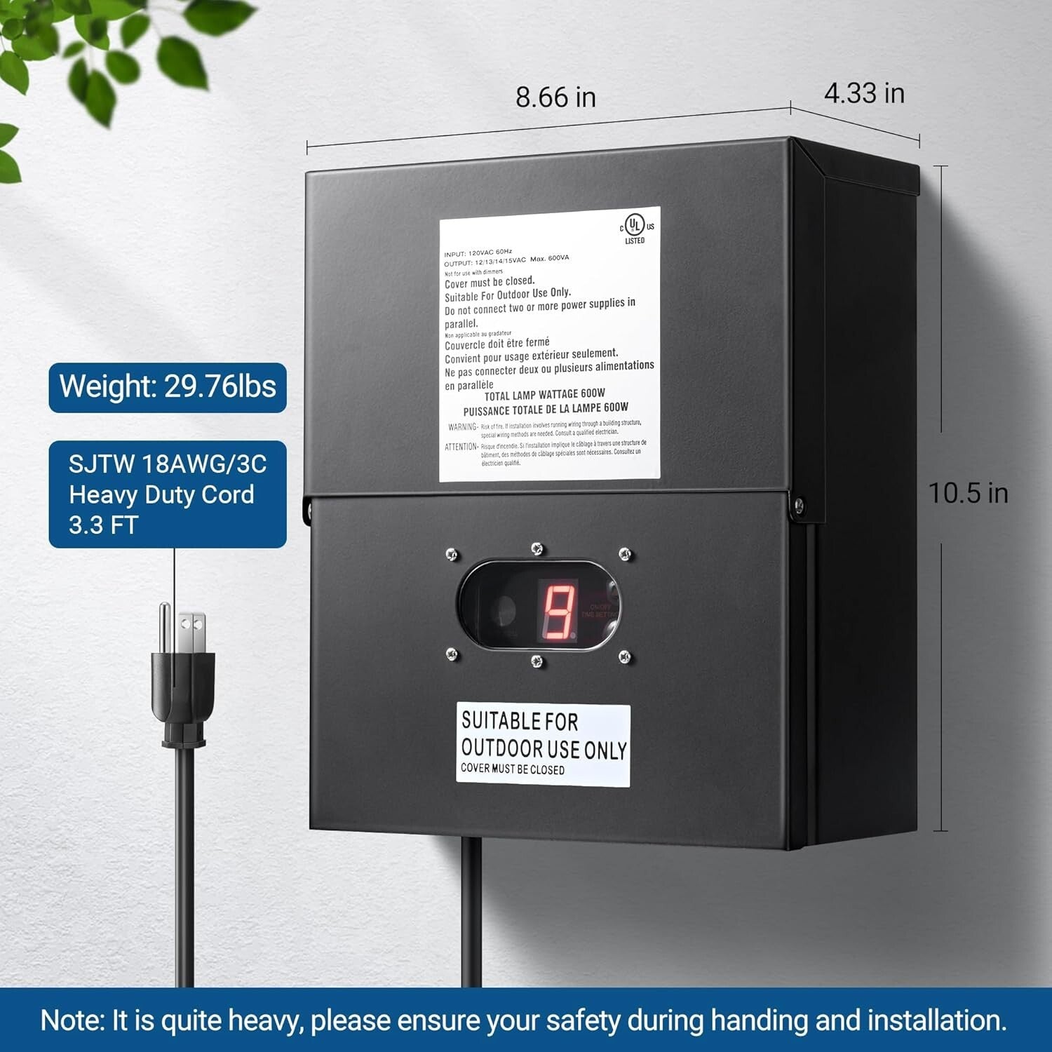 600W Wall-Mounted Landscape Transformer with Corrosion Resistance & Photo Sensor