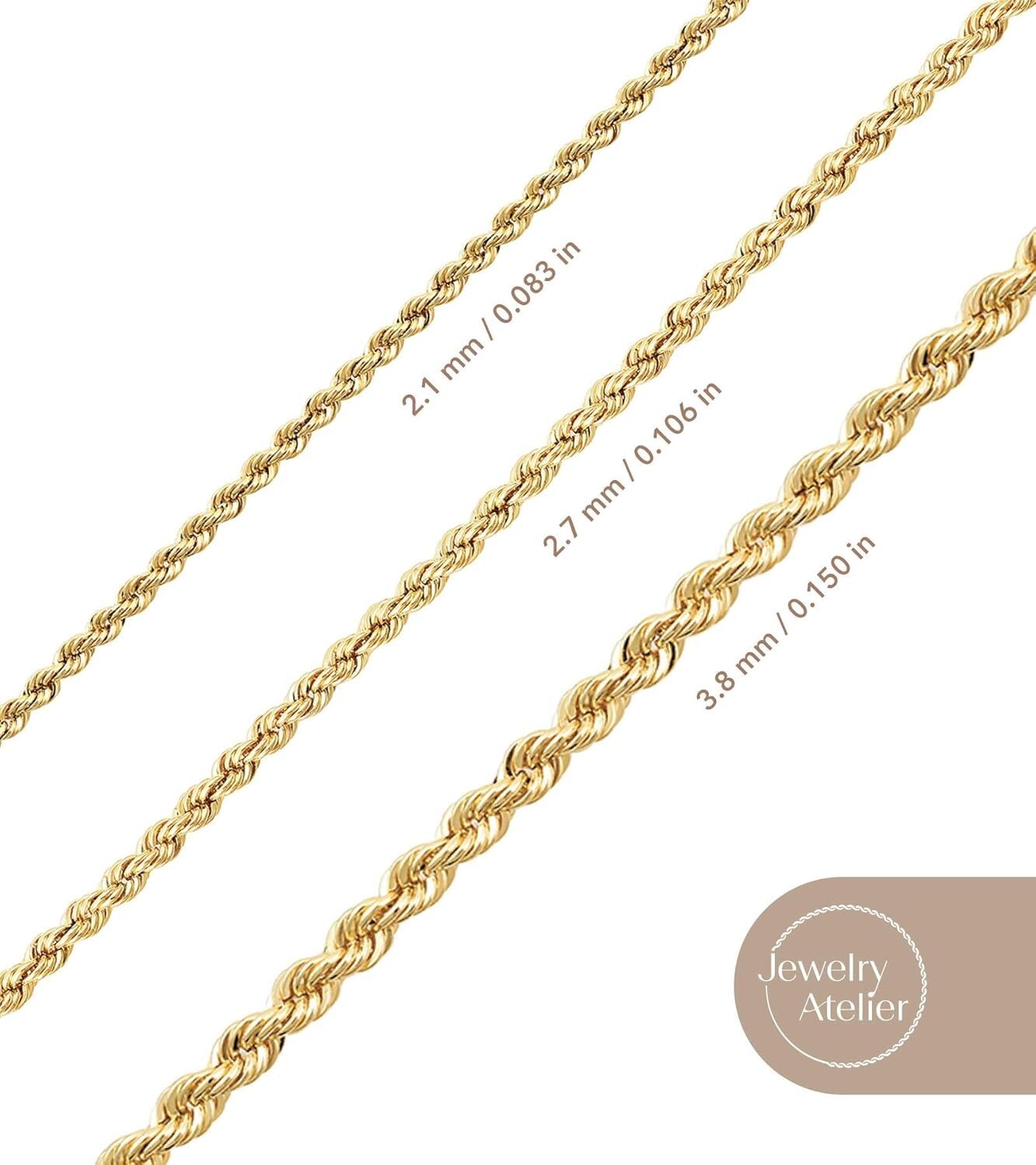 Elegant 14K Gold Filled Rope Chain Necklace - Sizes 2.1mm, 2.7mm, 3.8mm