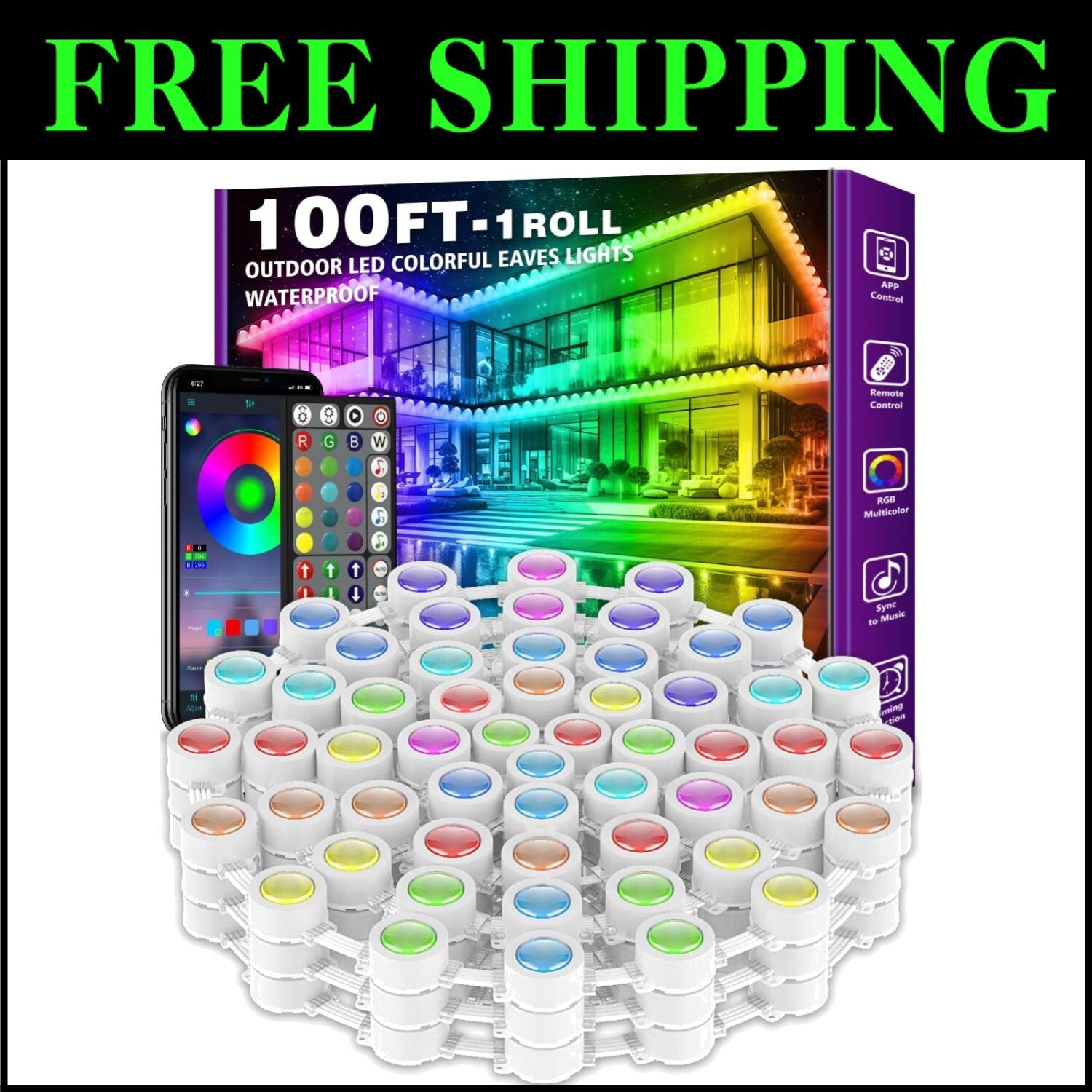 100FT RGB Eaves Lights - Smart App Control with Custom Scenes for Outdoor Decor