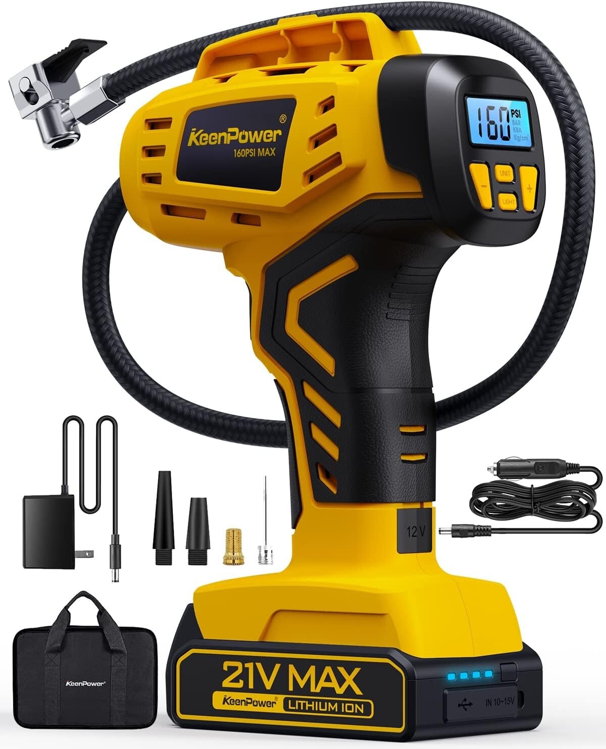 Quick-Charge Tire Inflator with 21V Battery - 160 PSI for Cars, Bikes & E-Bikes