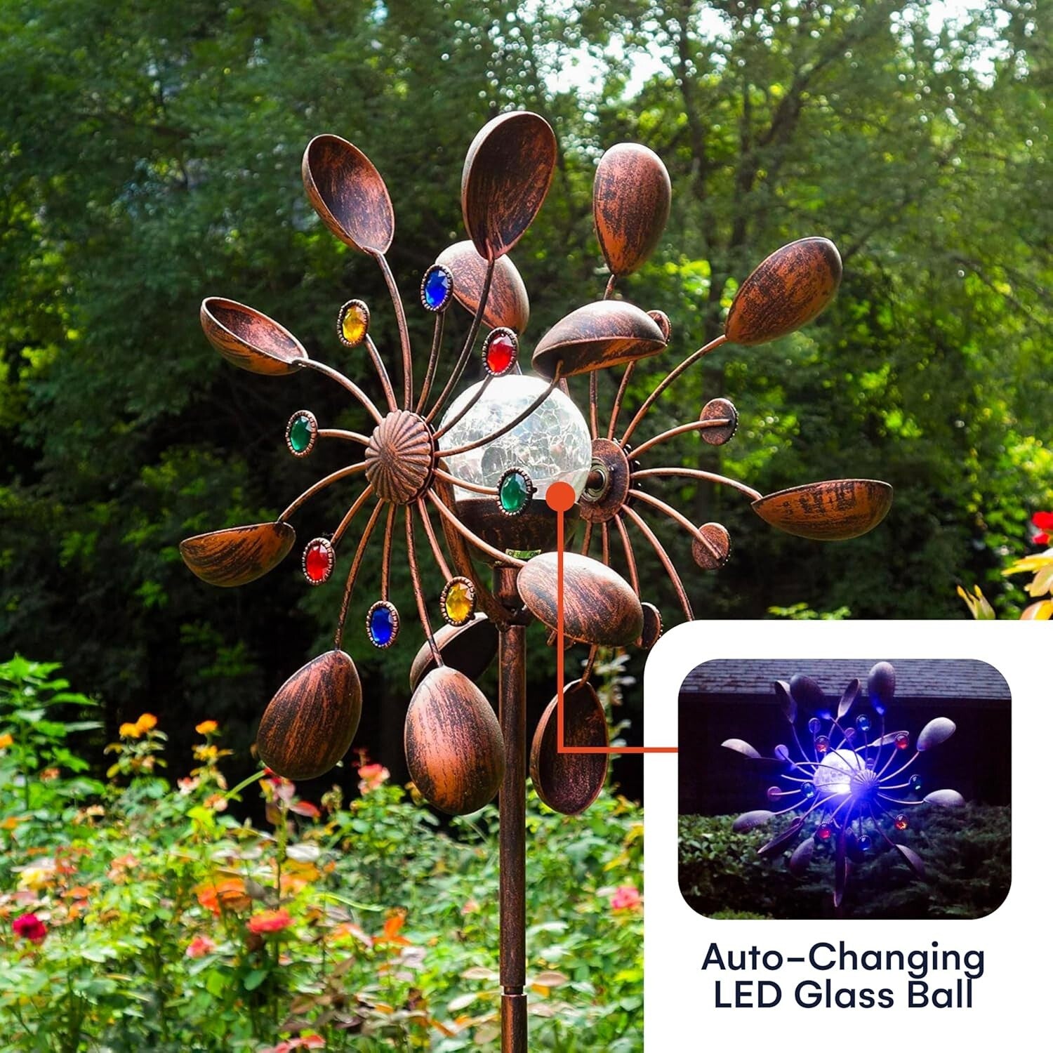 Bronze Solar Wind Spinner - 75-Inch Kinetic Sculpture with Color-Changing LED