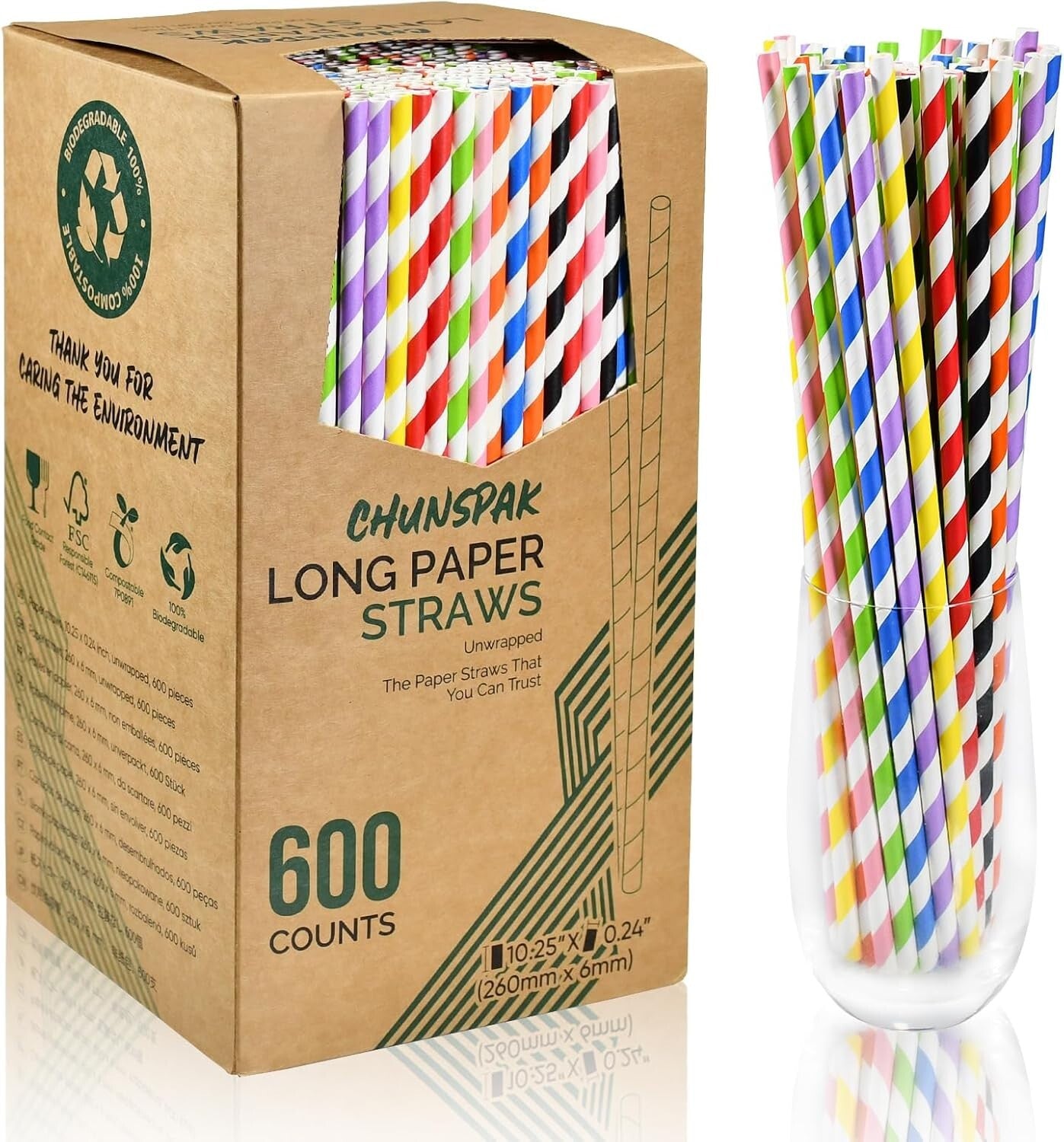 Durable Disposable Paper Straws - 10-Inches, 600 Count for Cocktails and More