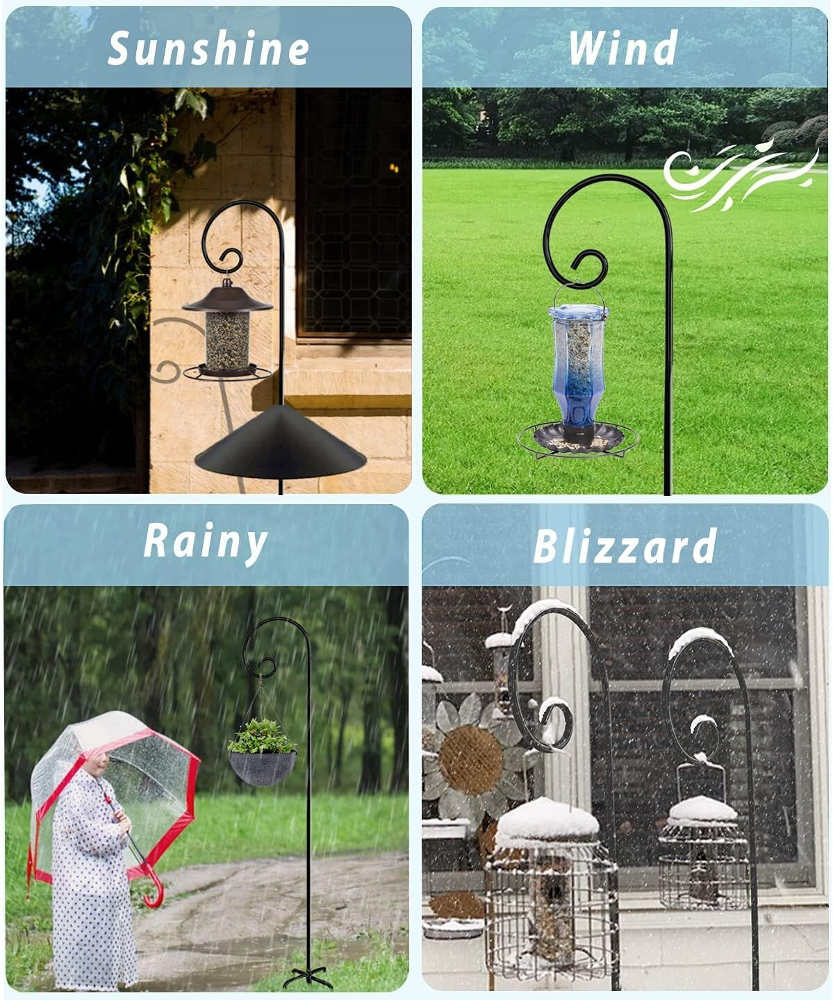 Elegant Black Outdoor Shepherd Hooks - Adjustable 5-Prong Garden Poles for Decor