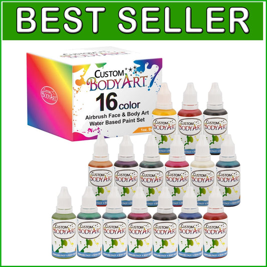 16 Color Kit 1-oz Water-Based Airbrush Colors, Skin-Safe Face & Body Paint