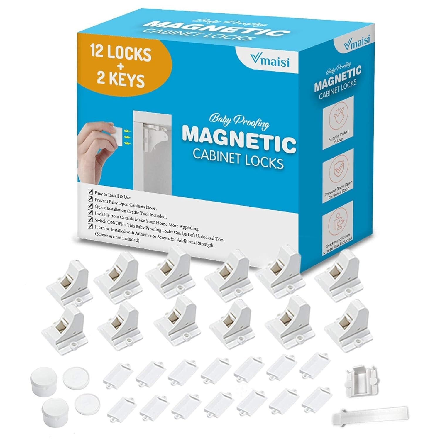 Efficient Childproofing: 12 Adhesive Magnetic Locks & 2 Key System for Cabinets