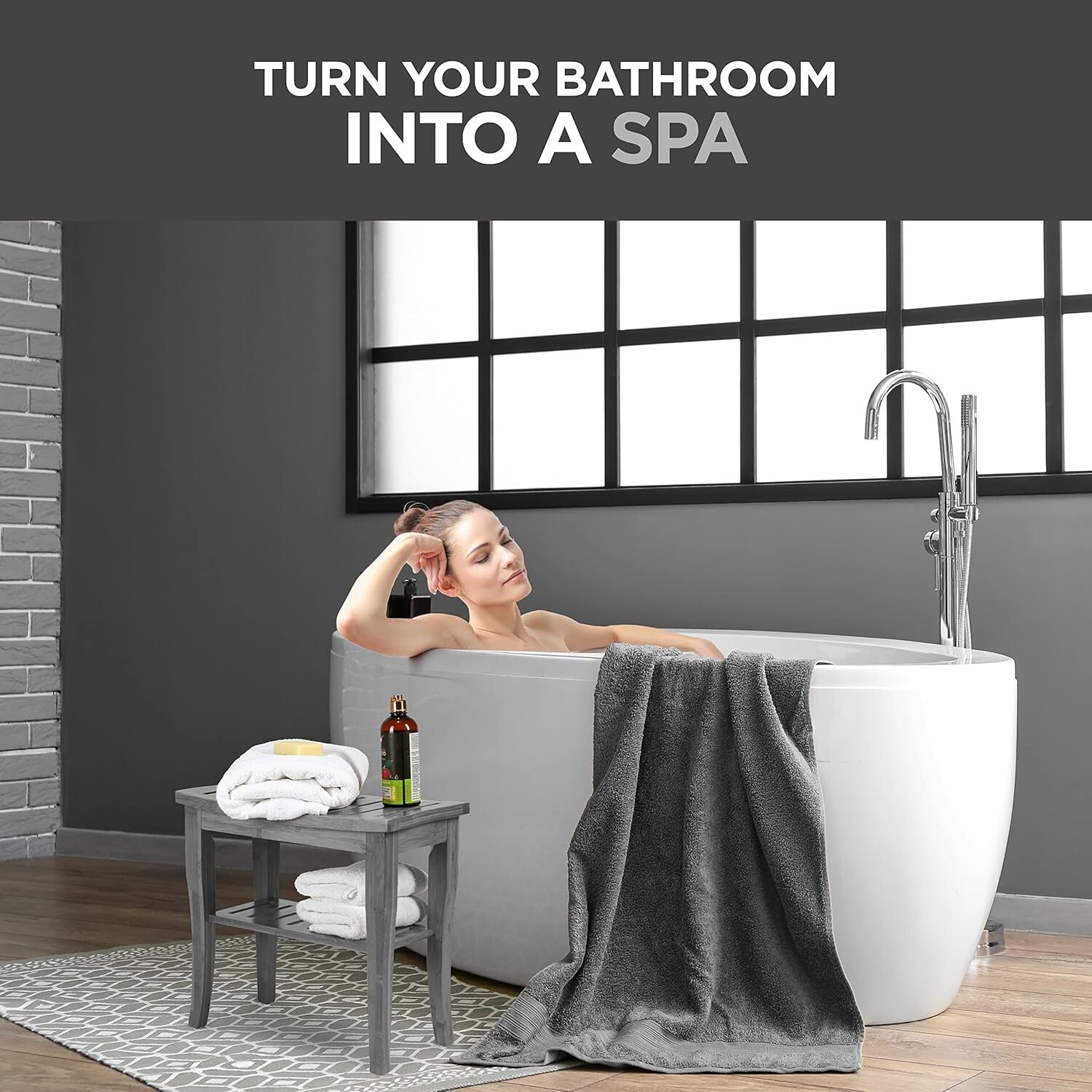 Bamboo Shower Bench - Elegant Grey Stool with Non-Slip Feet for Ultimate Safety