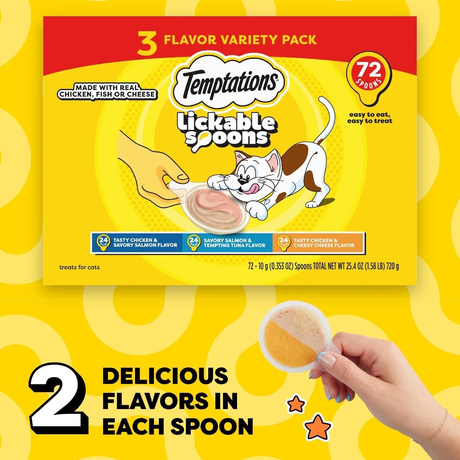 Variety Pack Lickable Cat Treats - Creamy Spoon Sizes - 10 Grams Each, 72 Count