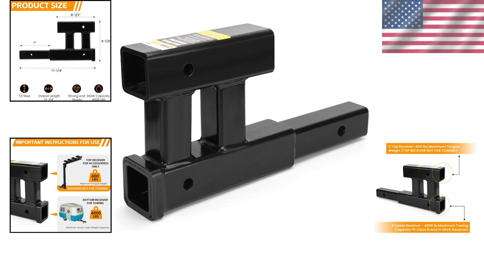 4000lbs Dual Hitch Extension - 2 Inch Receiver Adapter with Adjustable Rise/Drop