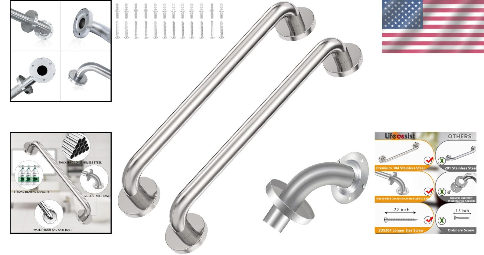 Durable 18" Grab Bars with Concealed Screws - Perfect for Seniors and Kids