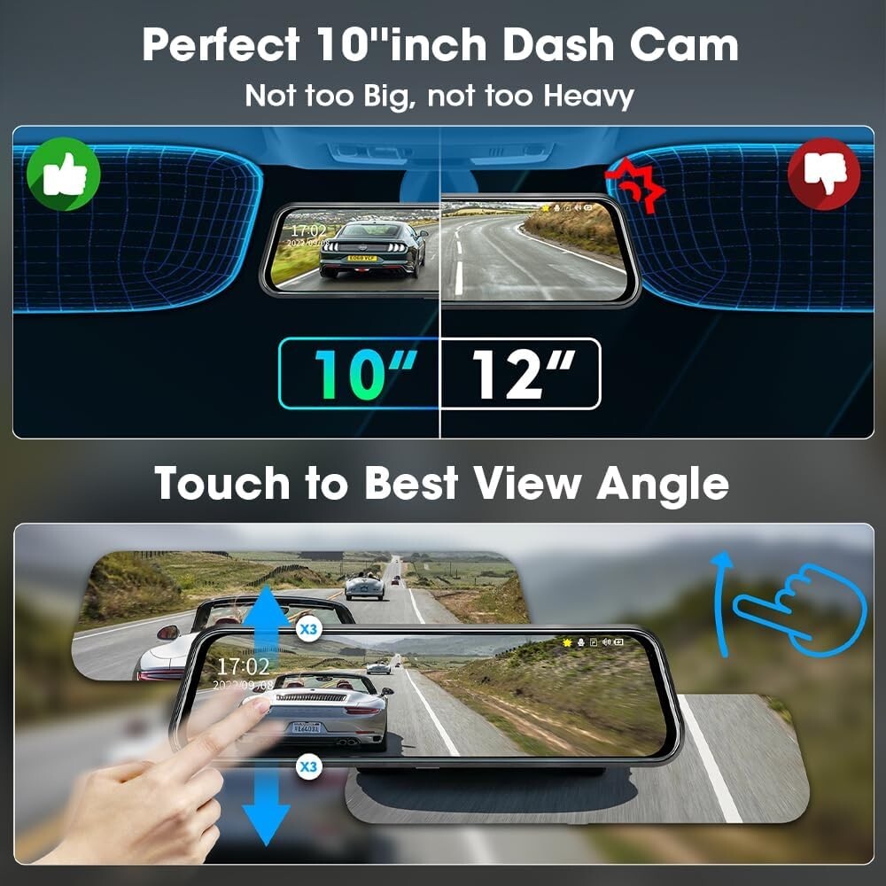 Advanced 10'' Dual 1080P Mirror Dash Cam with Night Vision & Parking Assist