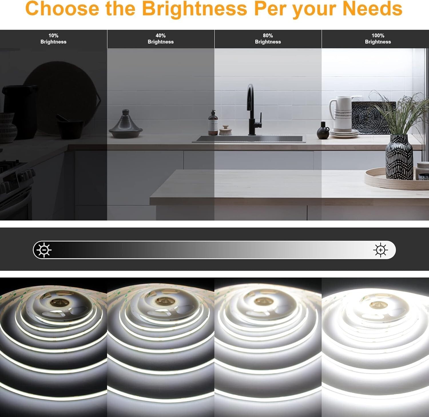 32.8ft Dimmable COB LED Strip Light - 6000K Daylight White with Remote Control
