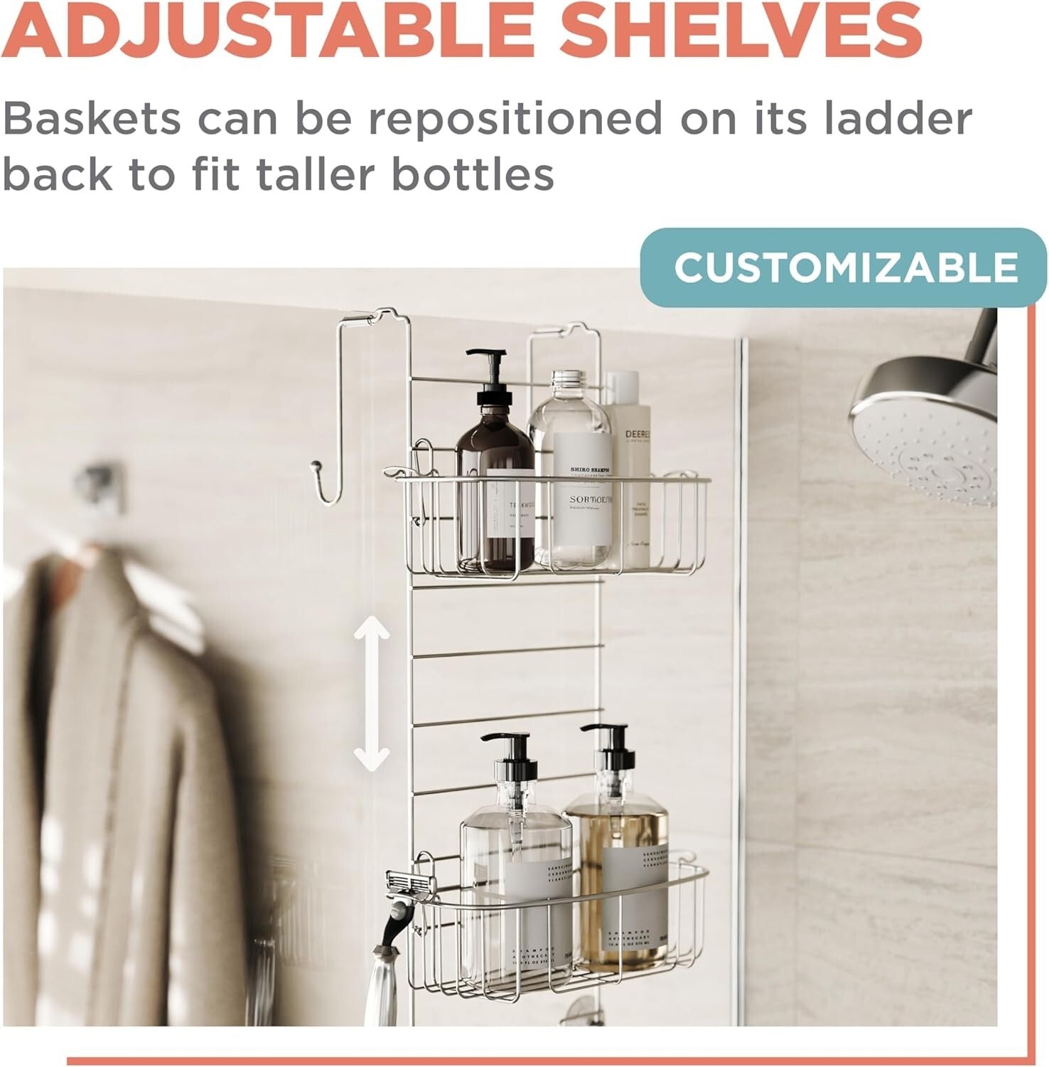 Adjustable Shower Caddy Organizer in Durable Stainless Steel - Fits Most Doors