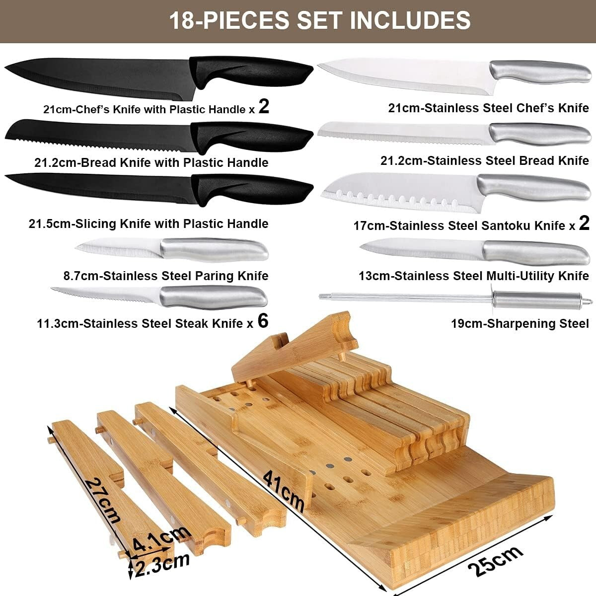 Elegant Bamboo In-Drawer Knife Block Organizer for 16 Knives - Detachable Design