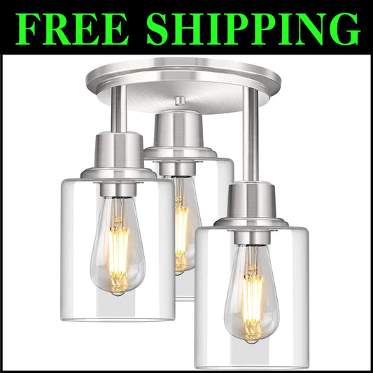 Elegant Dimmable Ceiling Light with Clear Glass Shades in Brushed Nickel Finish