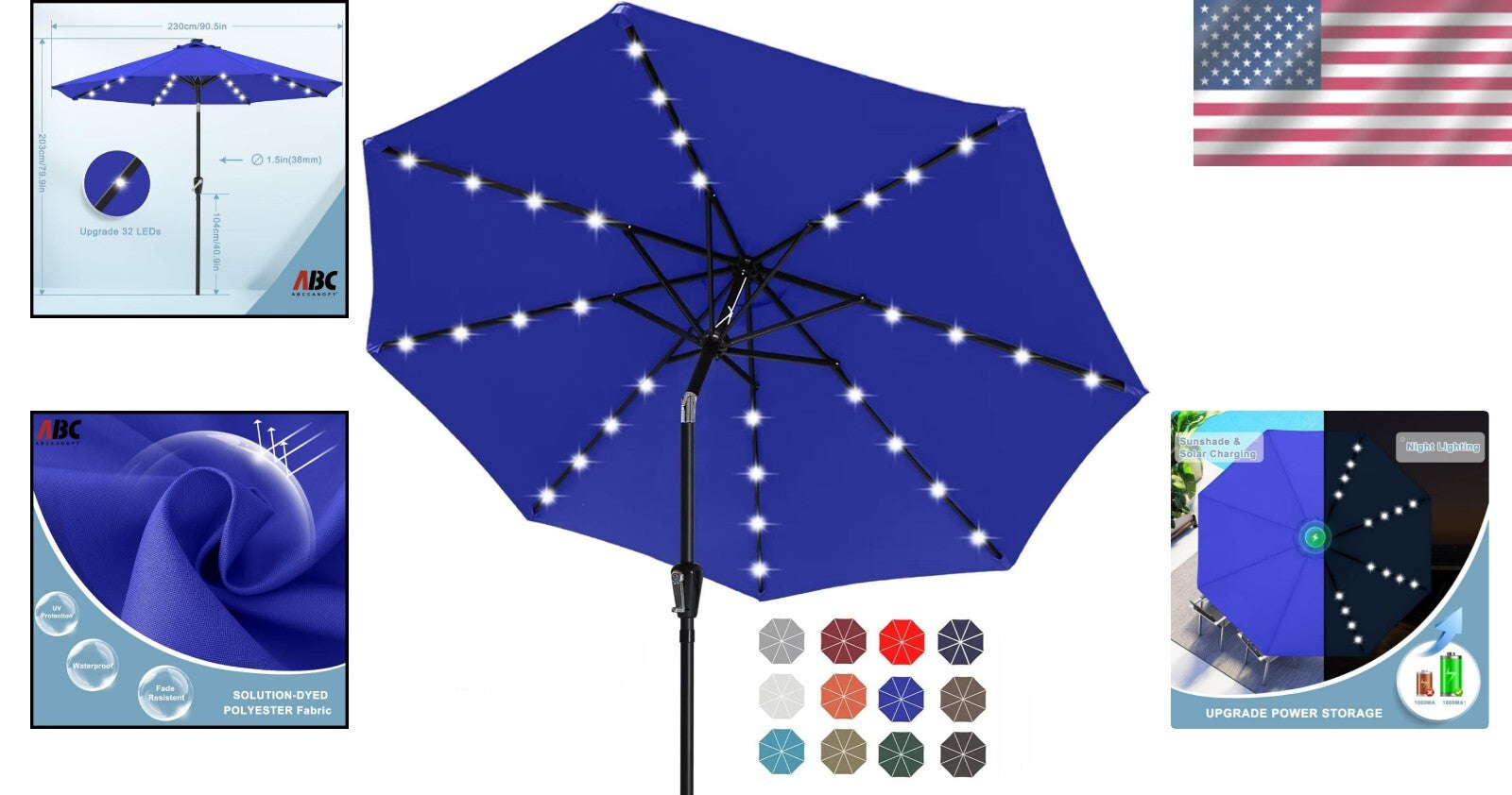 Durable Royal Blue Patio Umbrella with 32 Solar LED Lights - Effortless Shade