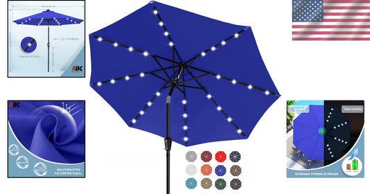 Durable Royal Blue Patio Umbrella with 32 Solar LED Lights - Effortless Shade