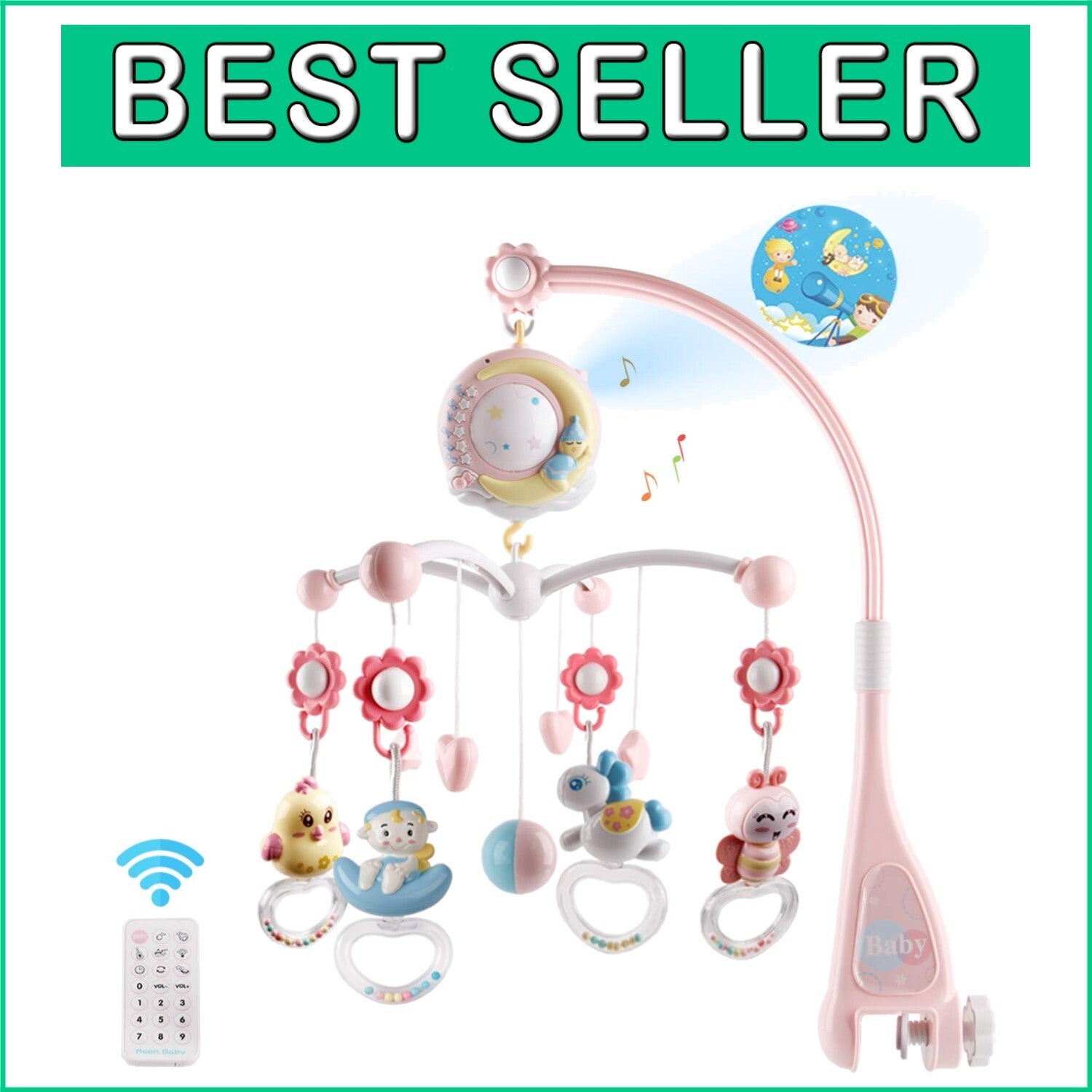 Delightful Crib Mobile with Light Up Projector & Rotating Rattles for Newborns