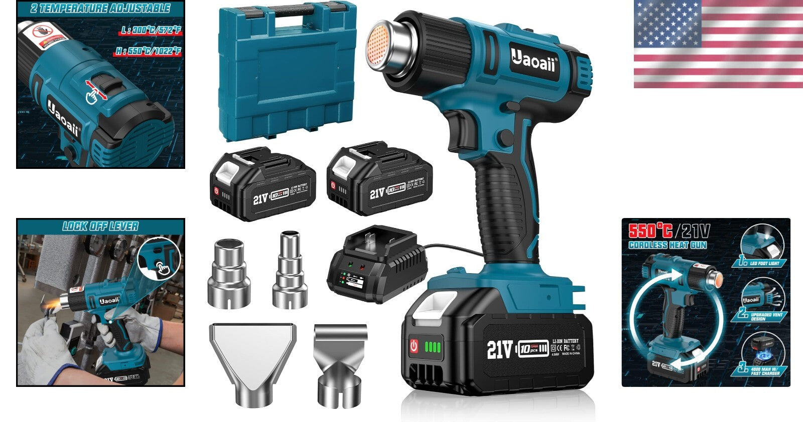 Portable Hot Air Gun Kit - 21V, 4 Nozzle Set, LED & Ergonomic Design, 1022°F