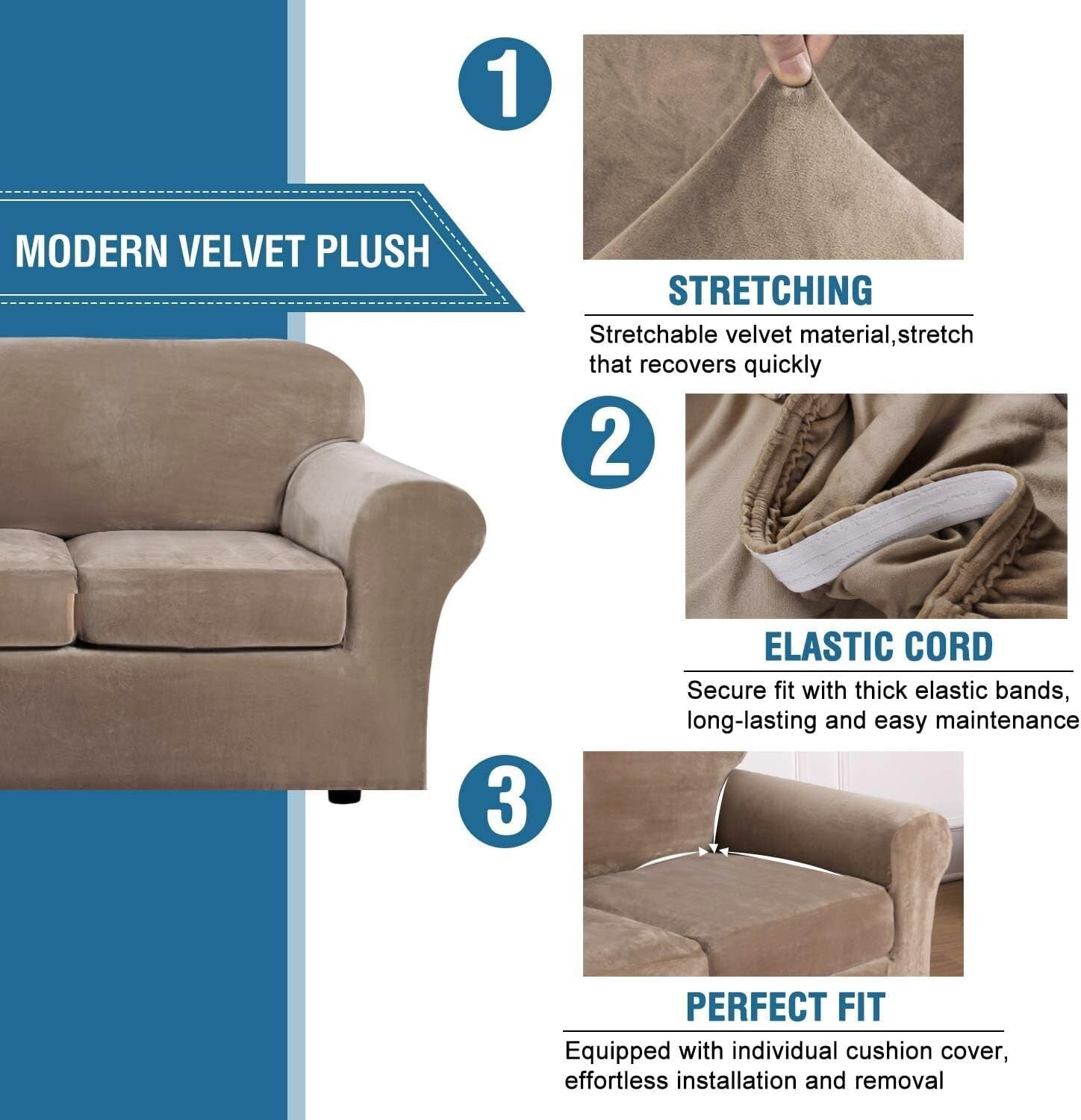 Stylish Camel Velvet Chair Cover Set - 2 Piece Slipcover for Everyday Protection