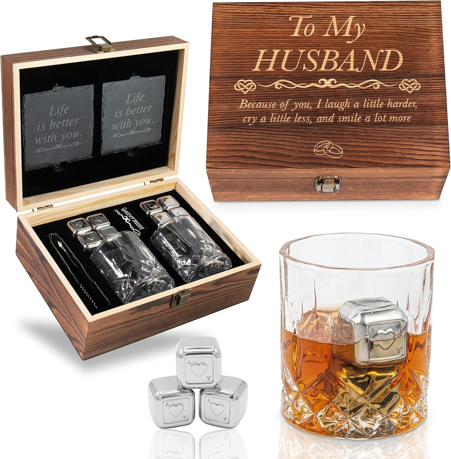 Whisky Glass Set with Stainless Steel Stones and Coasters - Ideal Romantic Gift