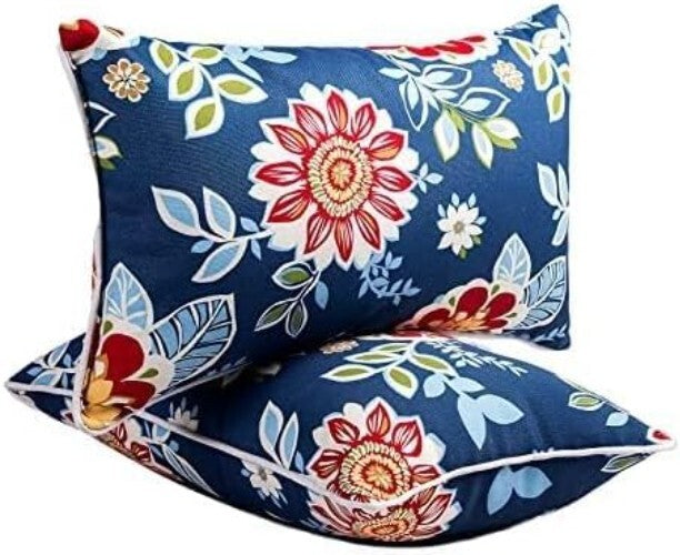 Decorative Outdoor Lumbar Pillows - Set of 2, 12x20 Inches, Big Blue Flower