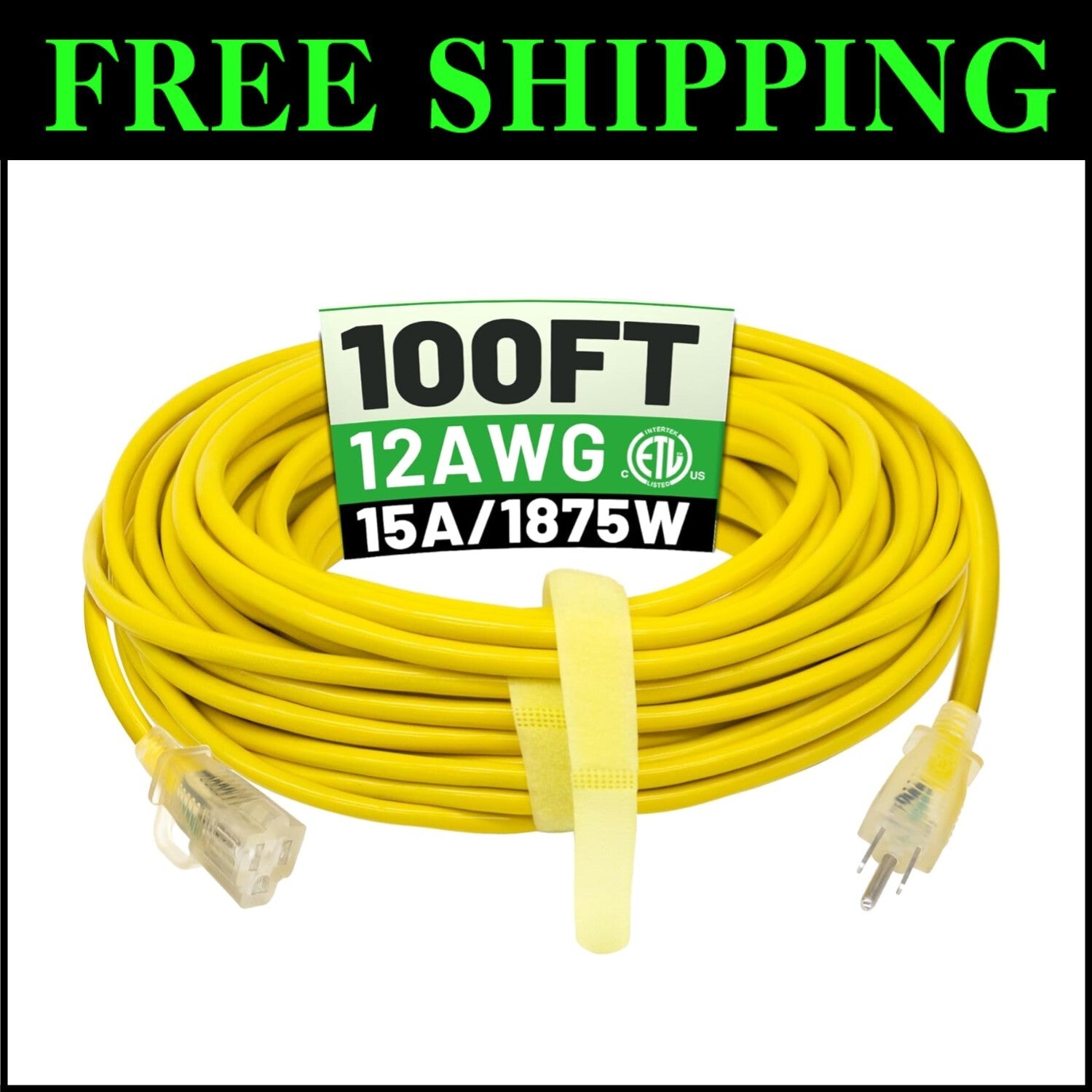 Durable 100 ft 12 Gauge Outdoor Extension Cord - Weatherproof with Strain Relief